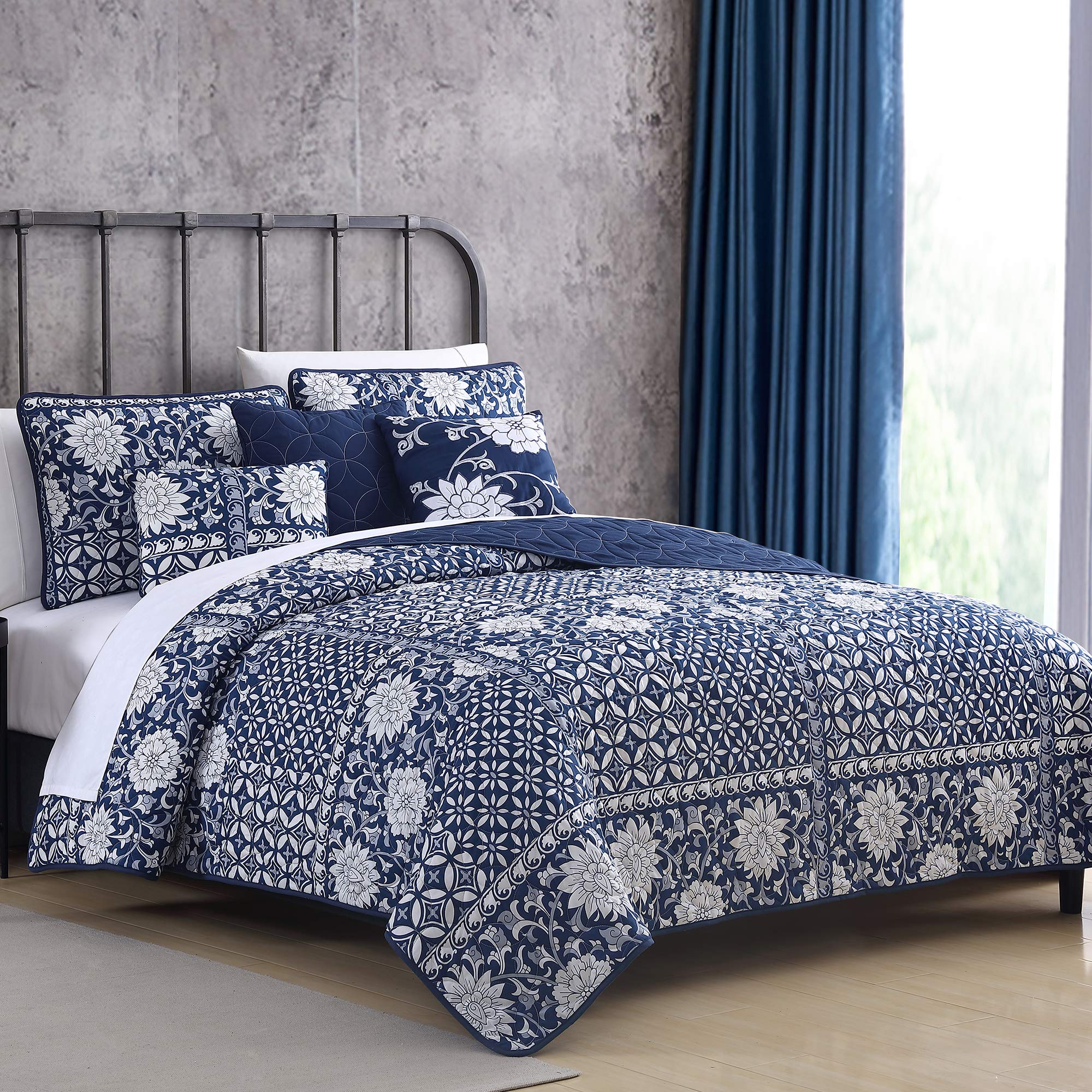 Amrapur Zion 6-Piece Reversible Floral Microfiber Quilt Set King Size - Soft Bedding Comforter with Matching Shams - Perfect for Master Bedroom & Guest Room Decor