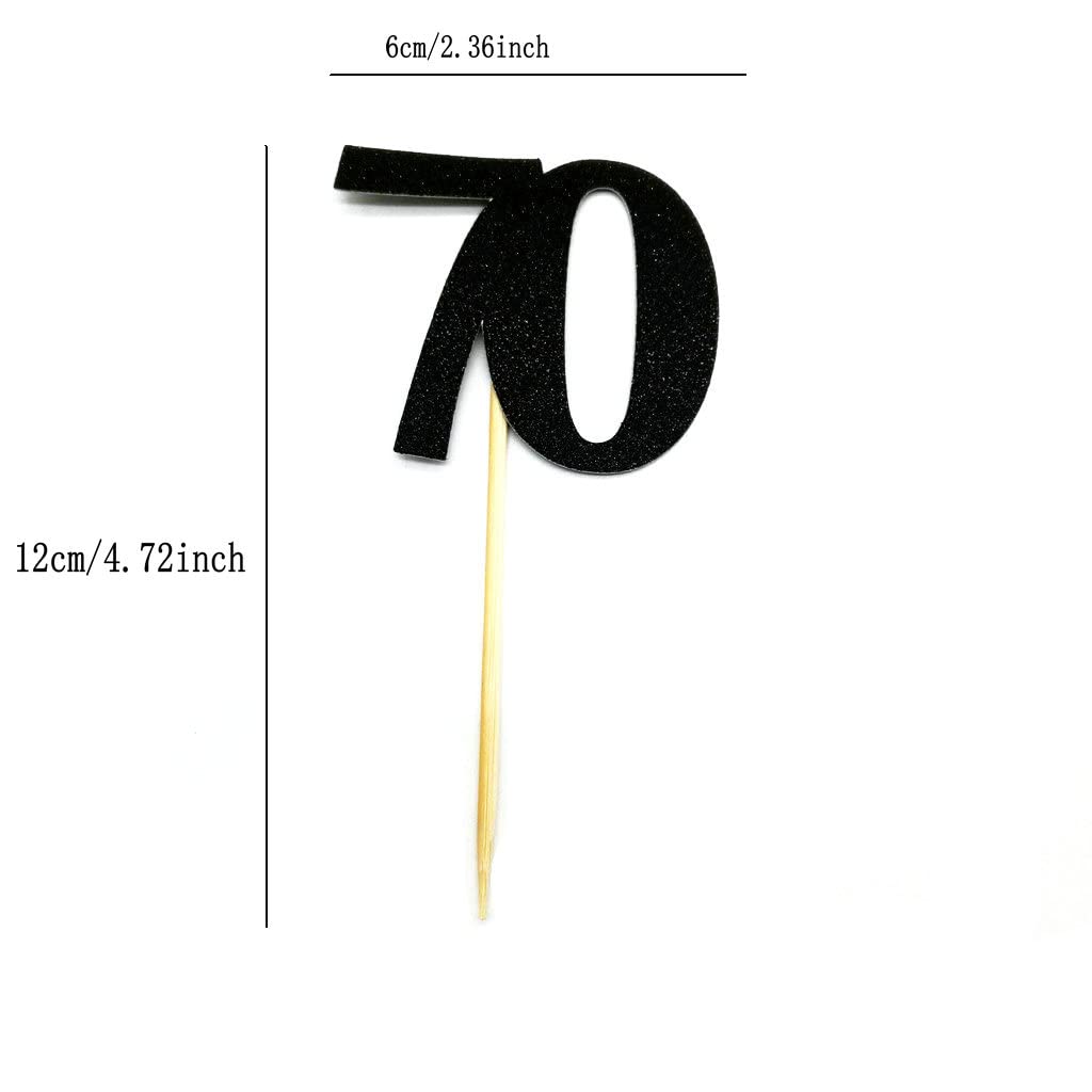 Black & Gold Glitter 70th Birthday Cupcake Toppers - 12pc Elegant Cake Decorations for Anniversary Parties, Weddings & Special Celebrations - Perfect for 70th Birthday Cakes, Dessert Tables & Milestone Events