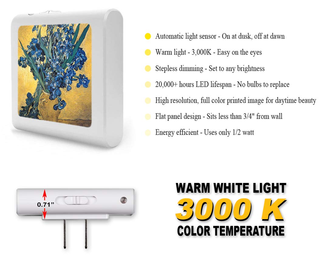 Dimmable LED Night Light with Auto On/Off Sensor, Adjustable Brightness & Warm White Light - Van Gogh Irises Design for Bathroom, Hallway, Nursery & Bedroom - Perfect for Nighttime Safety & Comfort