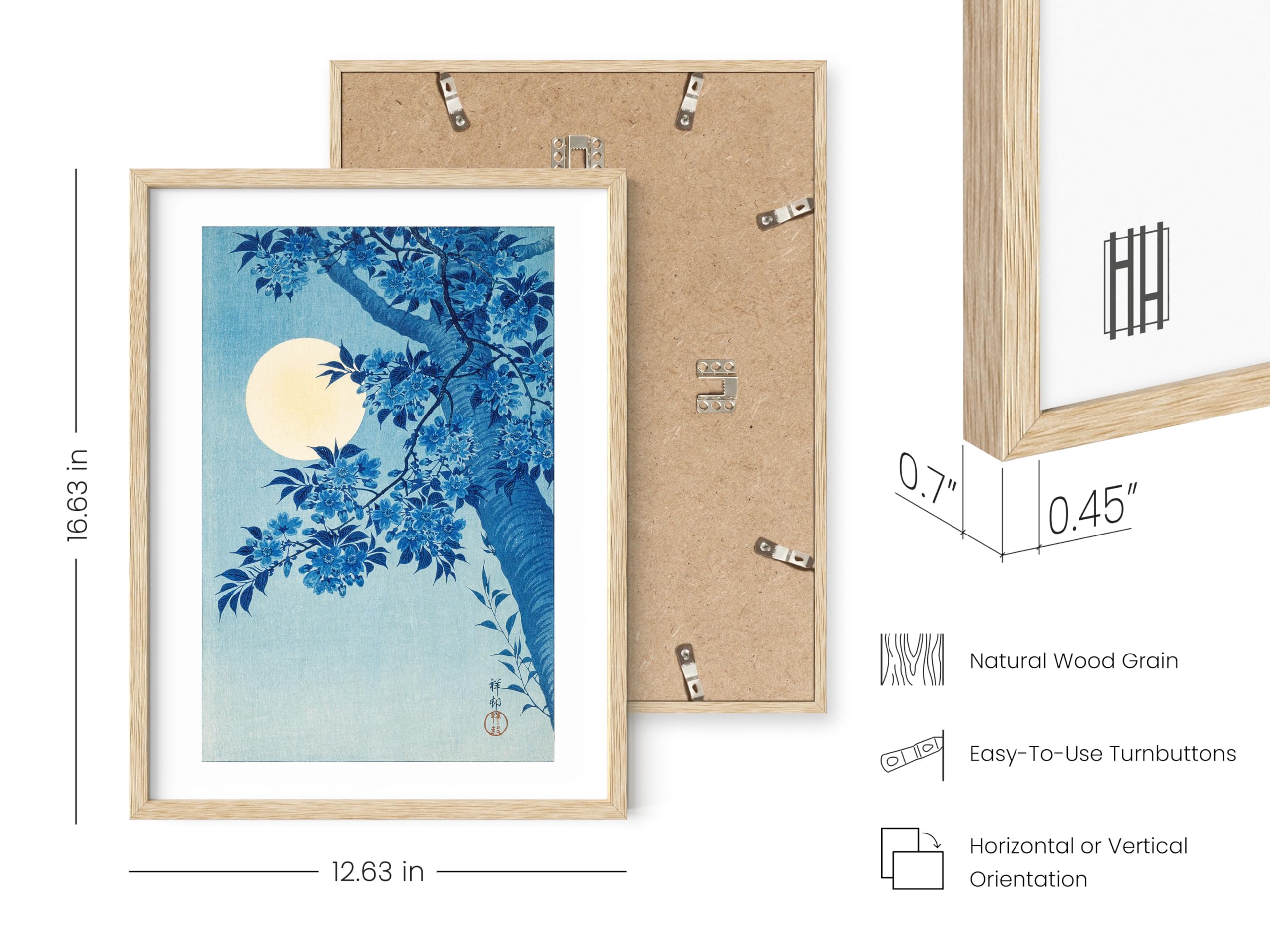 HAUS AND HUES Blue Japanese Japandi Floral Art Print - Traditional Blue & White Asian Wall Decor Poster with Beige Frame (12x16) - Perfect for Boho Bedroom, Living Room & Office Aesthetic