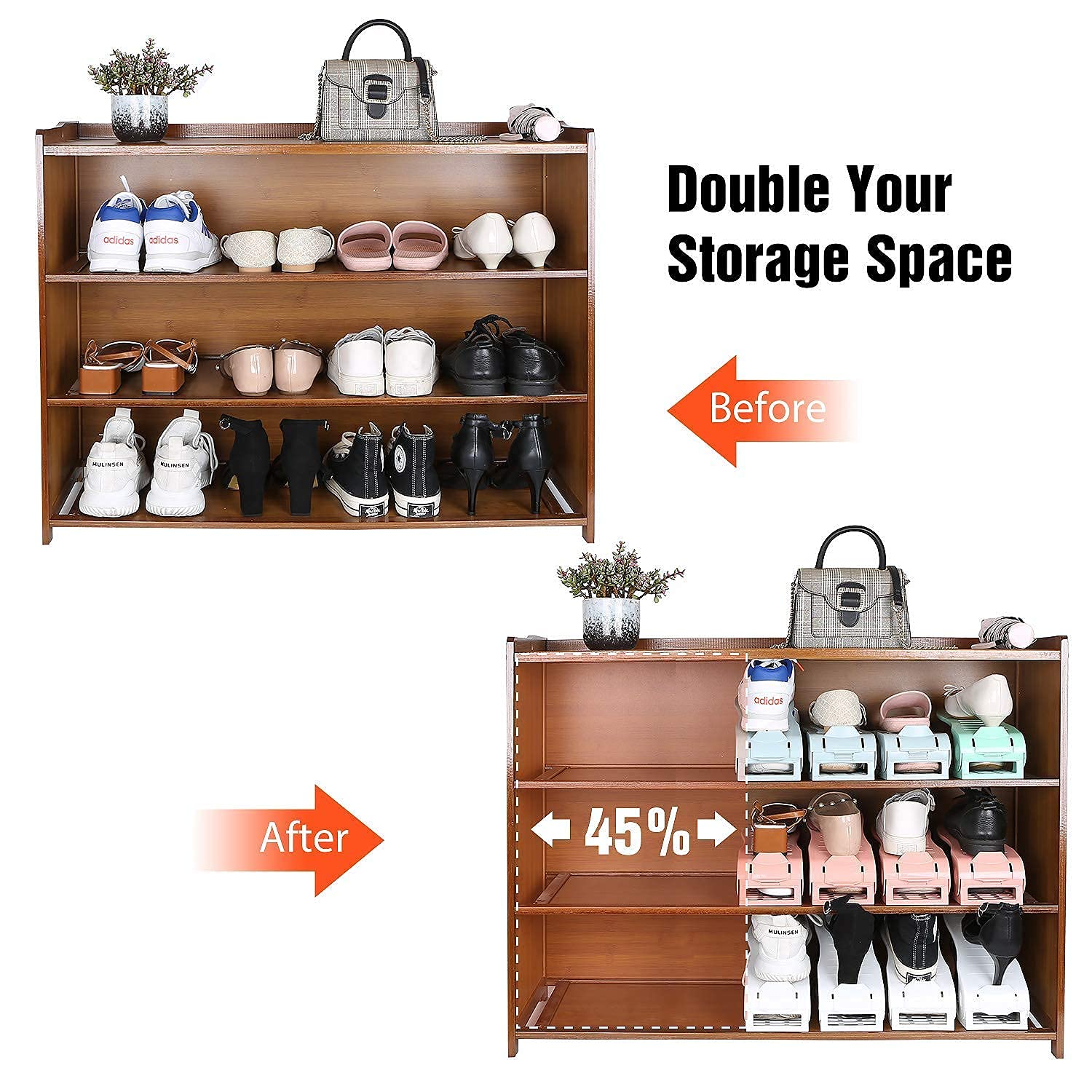 YIHATA 16-Pack Adjustable Shoe Stacker Organizer - Double Deck Shoe Rack Holder for Closet Storage, Space Saving Shoe Shelf with Thickened Quality (White) - Perfect for Bedroom, Closet & Entryway Organization