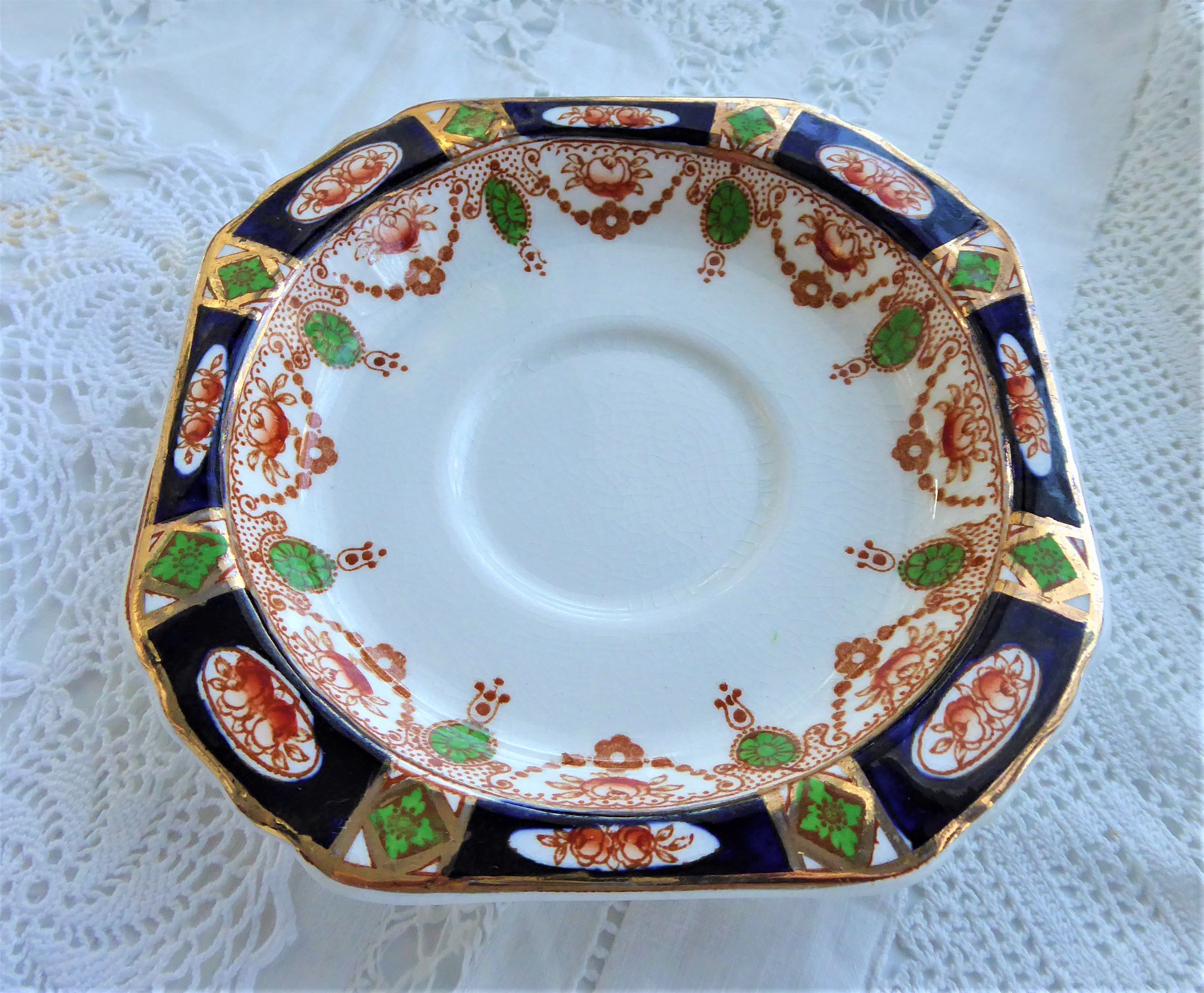 Vintage Imperial Derby Imari Cup and Saucer Set - Cobalt Blue & Rust Design by T. Hughes England 1920s Antique Tea Set for Collectors & Afternoon Tea Lovers