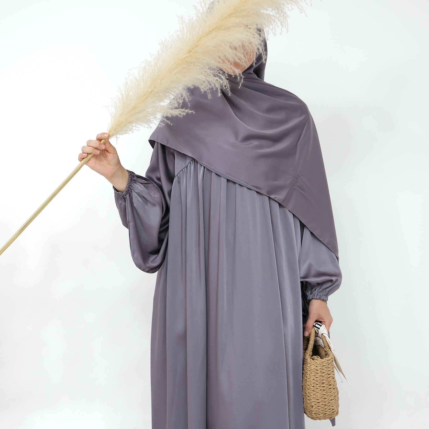 Amelia Satin Abaya Set for Women - Elegant Silver Prayer Dress with Scarf - Perfect for Eid, Ramadan & Special Occasions
