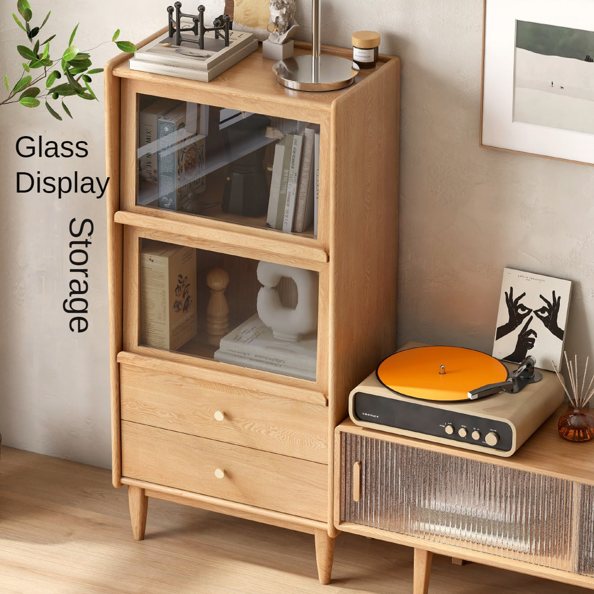 Solid Oak and Ash Wood Flip Door Side Cabinet with LED Lighting - Perfect for Living Room, Bedroom, or Office Storage and Display