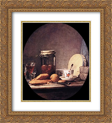 Still Life with Jar of Apricots - 20x22 Inch Gold Ornate Framed Art Print by Jean Baptiste Simeon Chardin | Double Matted Museum Quality Reproduction | Perfect for Dining Room, Living Room & Office Decor