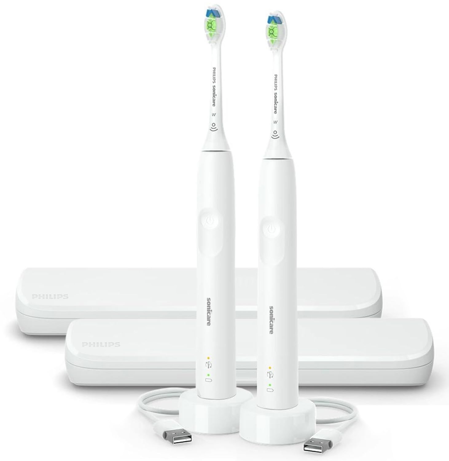 Philips Sonicare DiamondClean Electric Toothbrush Rechargeable with Pressure Sensor - 2 Pack Bundle Includes Sonic Toothbrush Heads & Travel Case (White) - Perfect for Home Use, Travel, and Professional Dental Care