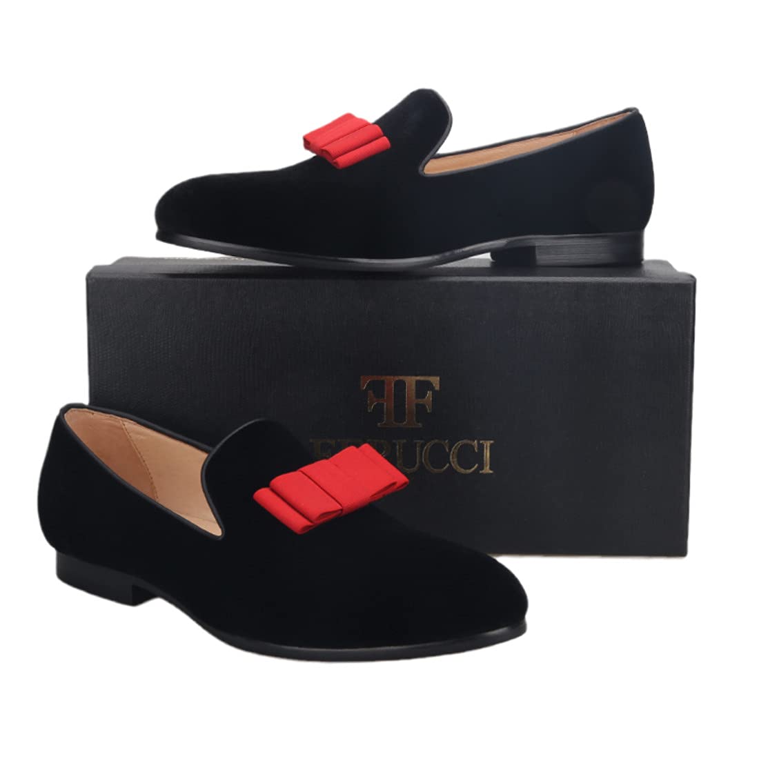 FERUCCI Men's Black Velvet Loafers with Red Bow - Formal Dress Shoes for Prom, Wedding & Evening Events - Comfortable Slippers for Special Occasions