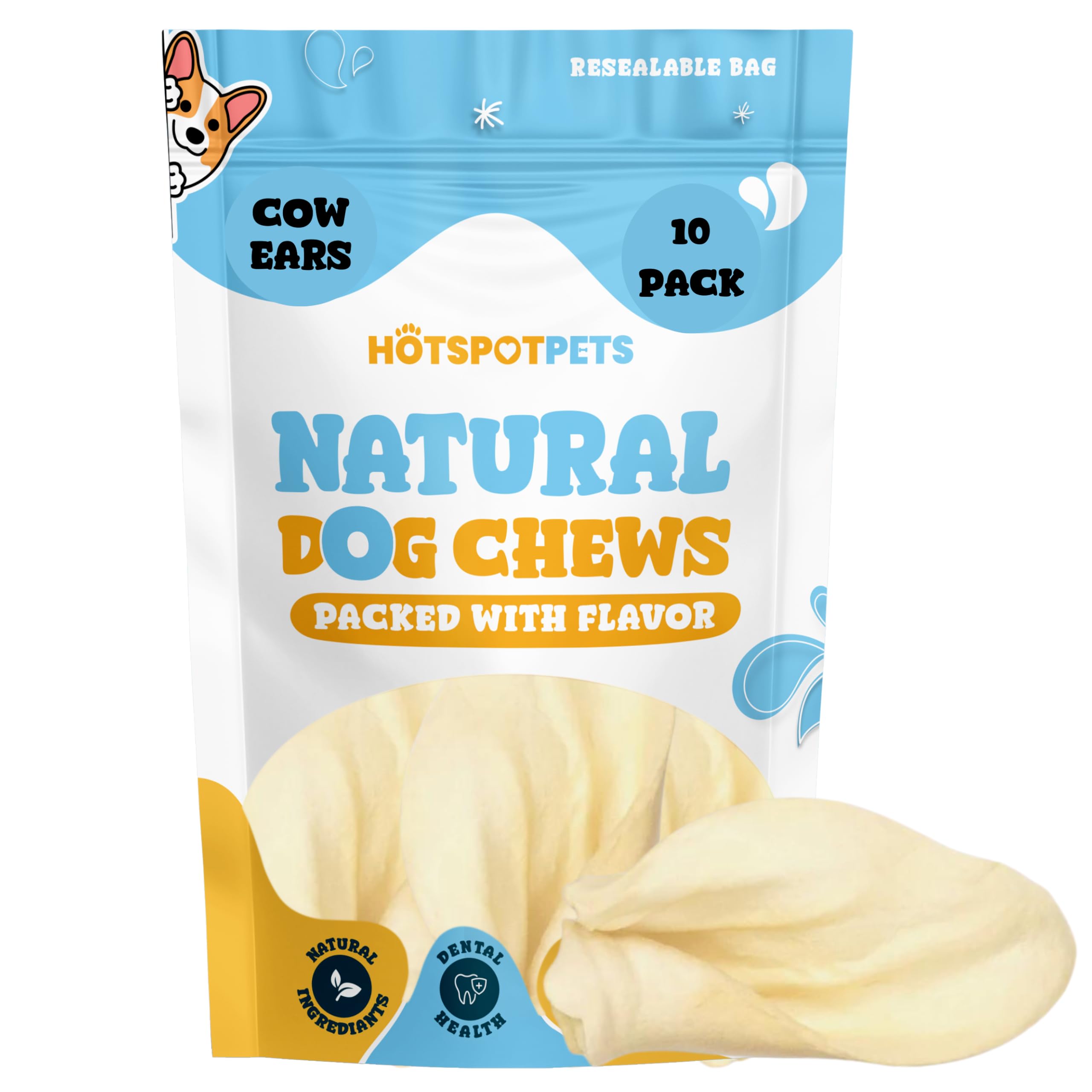 All-Natural Beef Cow Ears Dog Chews (10 Pack) - Long-Lasting, Low Odor, Single Ingredient Dental Treat for Healthy Teeth & Gums - Perfect for Small, Medium & Large Dogs - Great for Training, Teething & Anxiety Relief