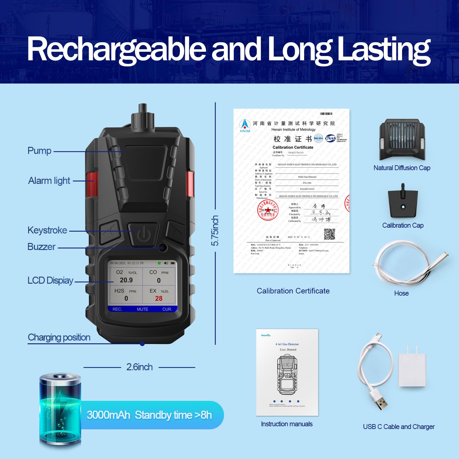 Portable 4-in-1 Gas Detector with Pump - CO, EX, O2, H2S Monitor | 3000mAh Rechargeable Battery & Calibration Kit | LCD Display with Clip | Ideal for Sewer Gas Detection, Industrial Safety & Confined Space Monitoring