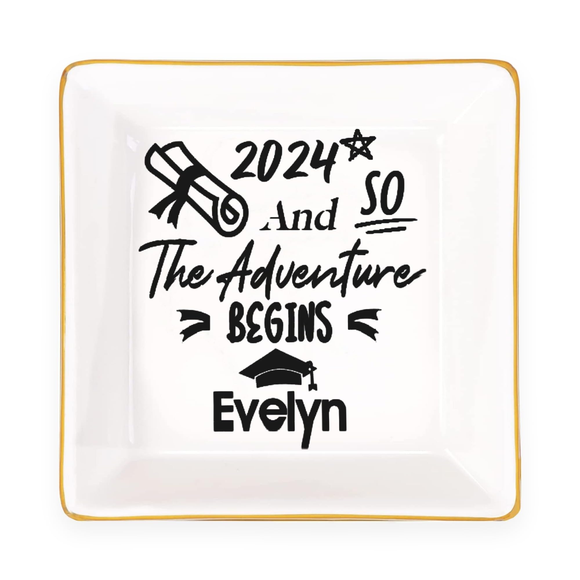 Personalized Graduation Gift for Women - Custom Engraved Ceramic Ring Dish with Inspirational Quote, Class of 2024 College & High School Graduation Present for Her - Perfect Jewelry Tray for Dorm Room, Bedside Table or Vanity Decor