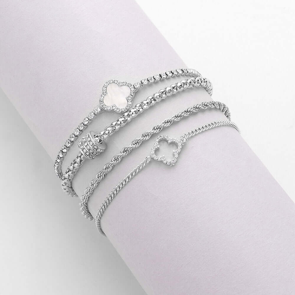 4PCS Mother of Pearl Quatrefoil Tennis Chain Bracelets - Twisted Metal Layered Bracelet Set for Women, Trendy Boho Jewelry Gift (Perfect for Parties, Weddings & Everyday Wear)