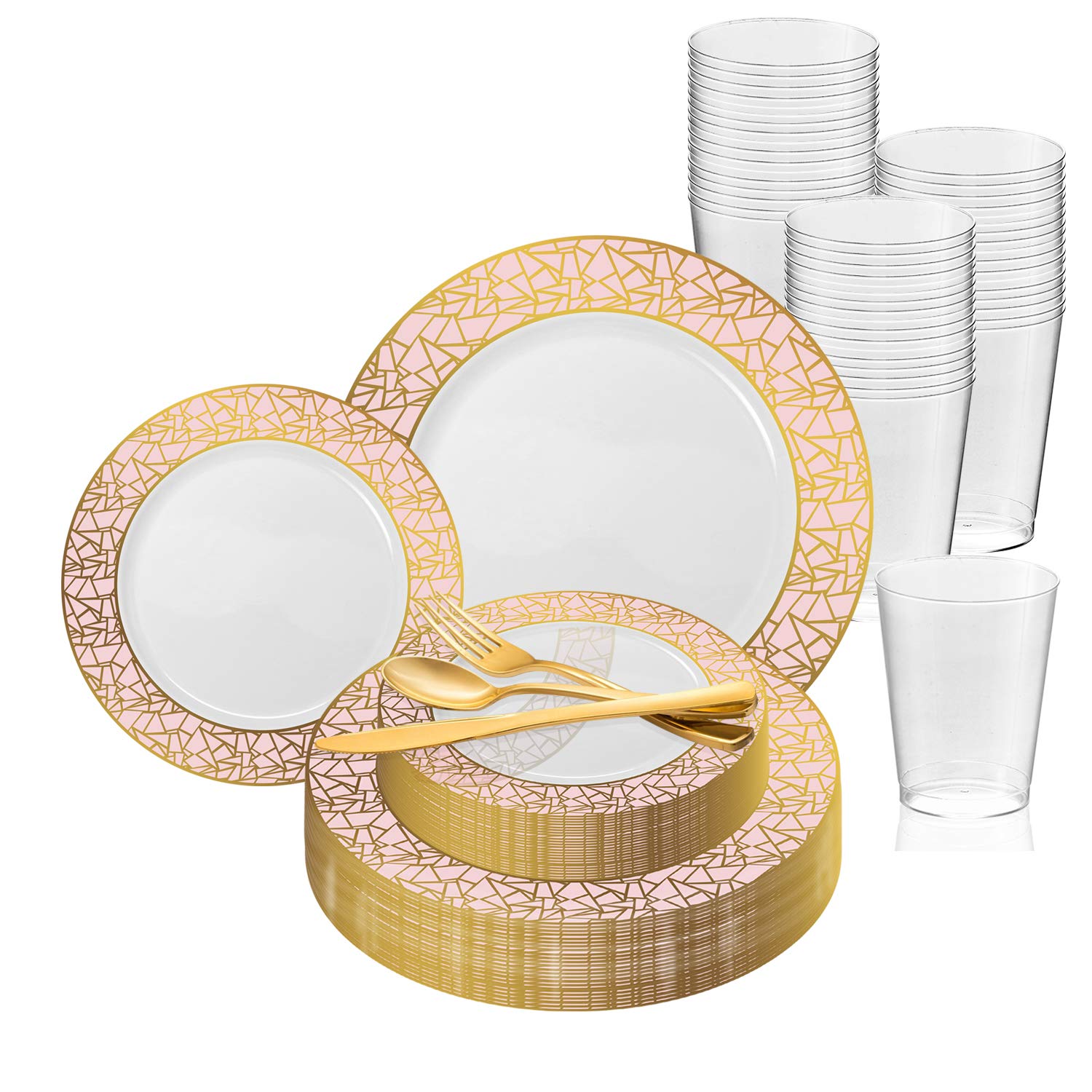 Elegant Disposable Plastic Dinnerware Set for 60 Guests - White with Pink & Gold Mosaic Rim Plates, Dessert Plates, Silverware & Cups | Perfect for Weddings, Birthday Parties, Baby Showers & Special Events | Durable & Stylish Party Tableware for Hassle-Free Entertaining
