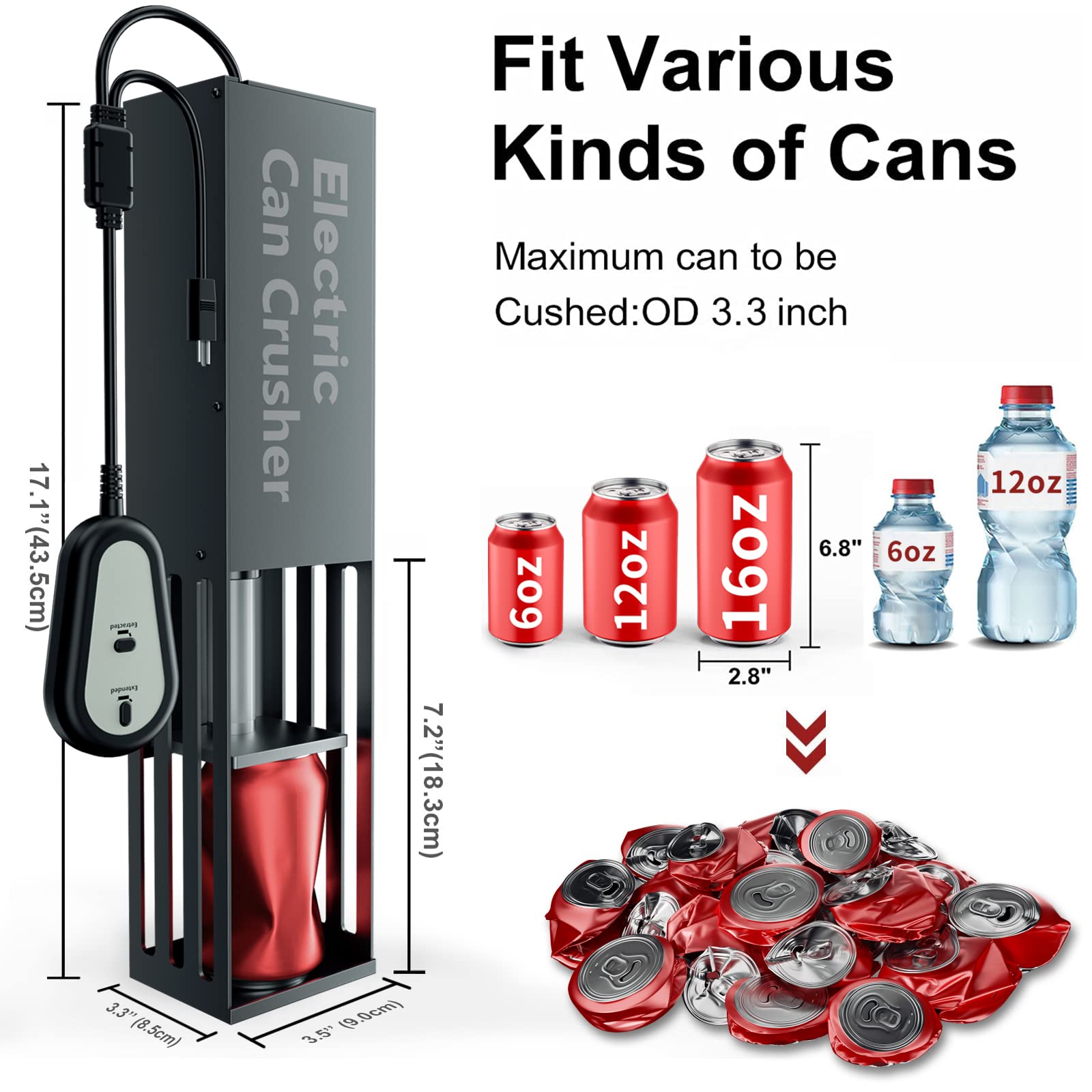 YOTAN Electric Can Crusher for Recycling - 12oz & 16oz Aluminum Can Smasher for Soda, Beer & Seltzer Cans - Countertop Electric Can Compactor for Home, Bar & Garage - No Assembly Required (Black)