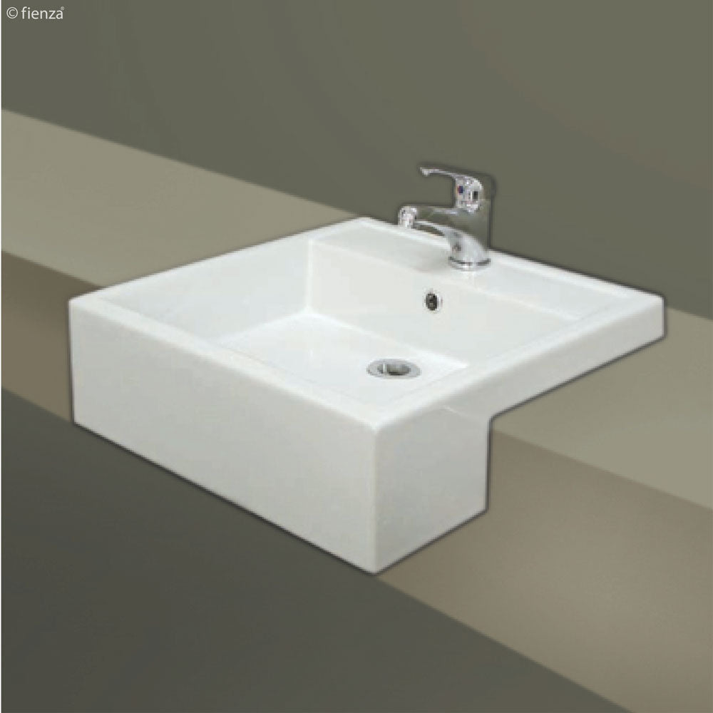 Fienza 602101W Nova Semi-Recessed 1 Tap Hole RAK Ceramic Bathroom Sink Basin in White - Perfect for Modern Vanities, Powder Rooms & Small Bathroom Spaces