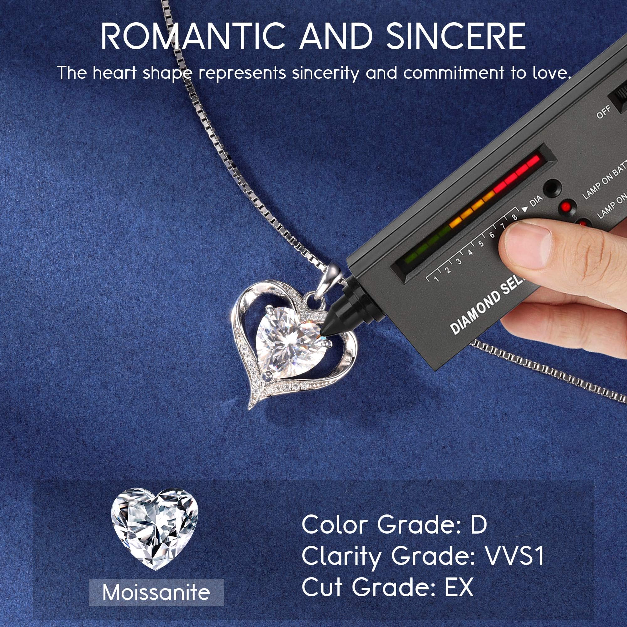 Moissanite Heart Pendant Necklace for Women - 1-3ct D Color VVS1 925 Sterling Silver Jewelry - Perfect Anniversary, Mother's Day & Birthday Gift for Wife, Girlfriend - Elegant Necklace for Date Night, Wedding & Special Occasions