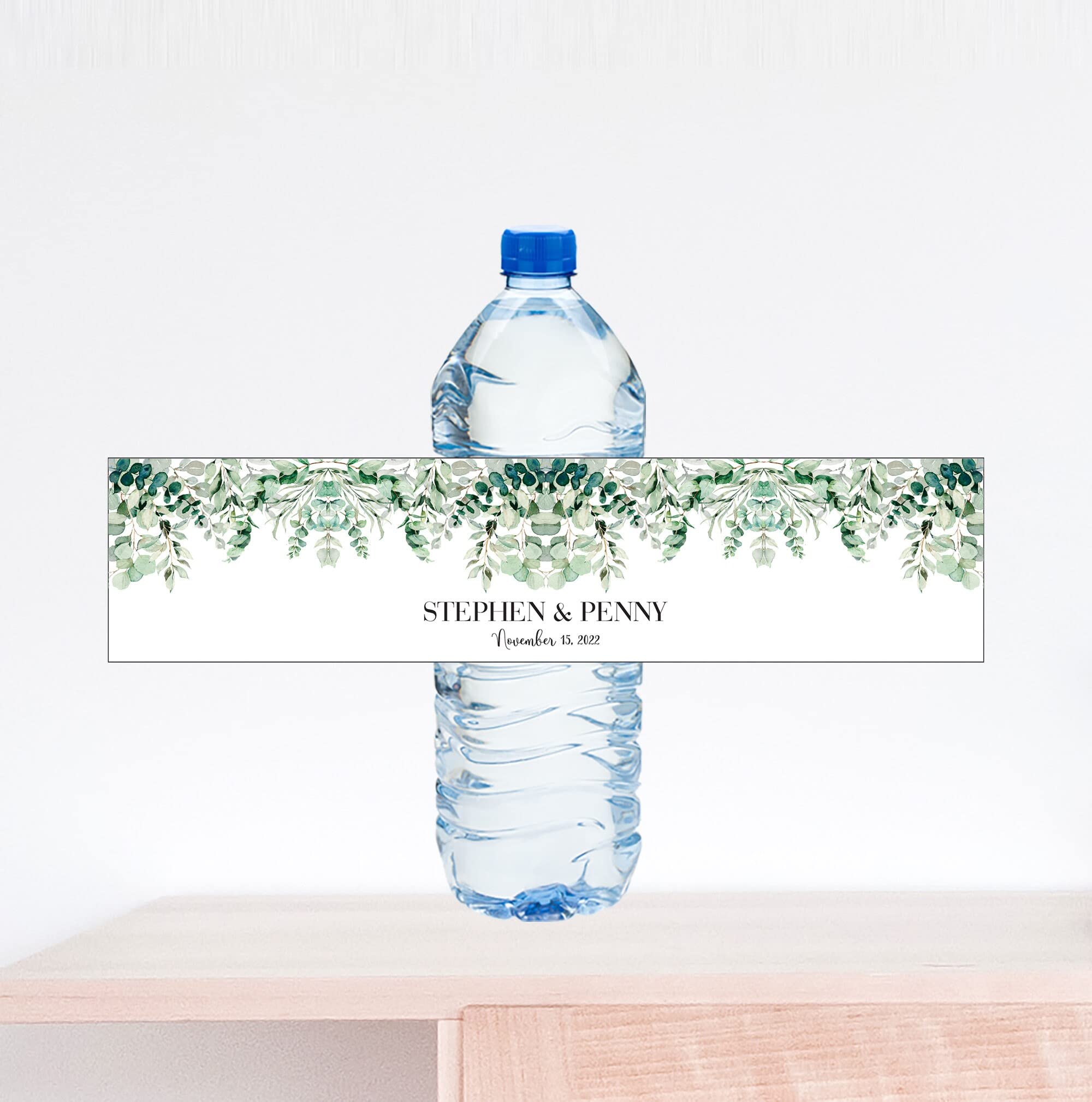 Custom Eucalyptus Wedding Water Bottle Labels - Personalized Drink Tags for Rustic Bridal Shower, Bachelorette Party & Reception Decor