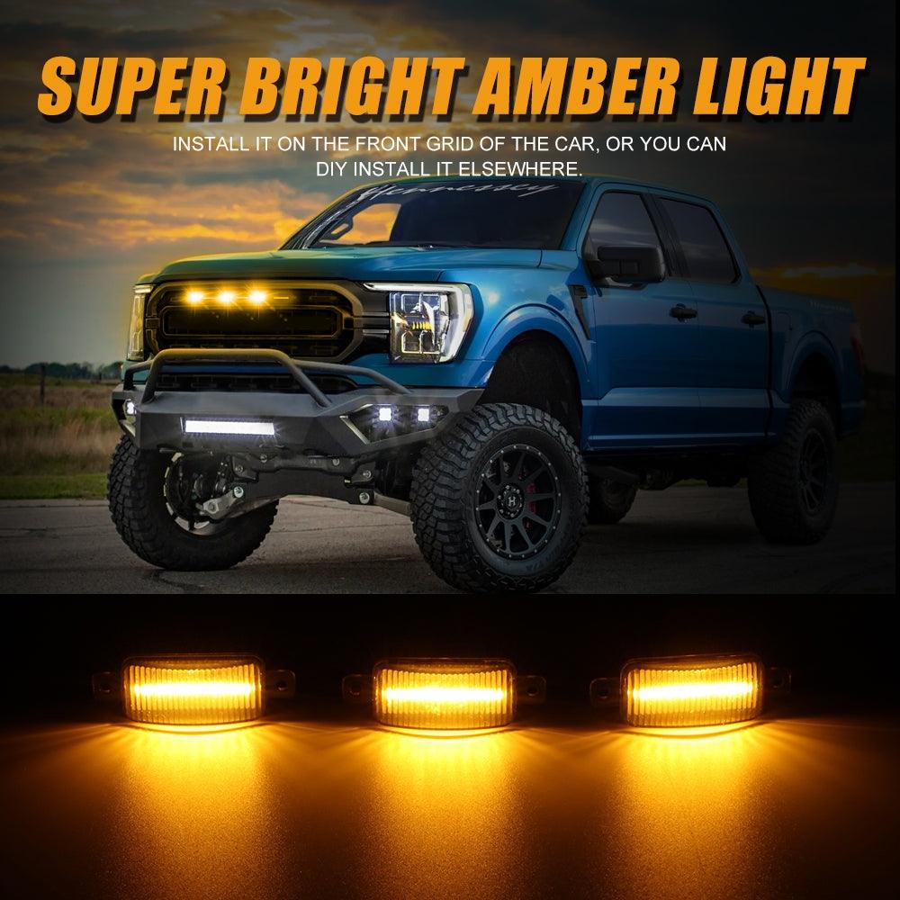 3-Piece LED Front Grille Light Kit - Raptor Style Amber Off-Road Lights for 2016-2021 Chevrolet Silverado 1500 (Amber/Smoked Lens) - Perfect for Night Off-Roading & Truck Customization