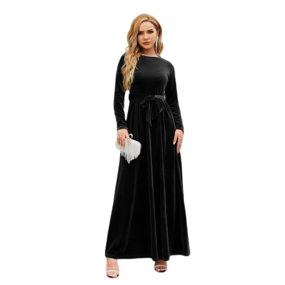 OBEEII Women's Long Sleeve Velvet Maxi Dress with Belt - Elegant Fall Wedding Guest Dress, Holiday Party Outfit & Casual Occasion Wear