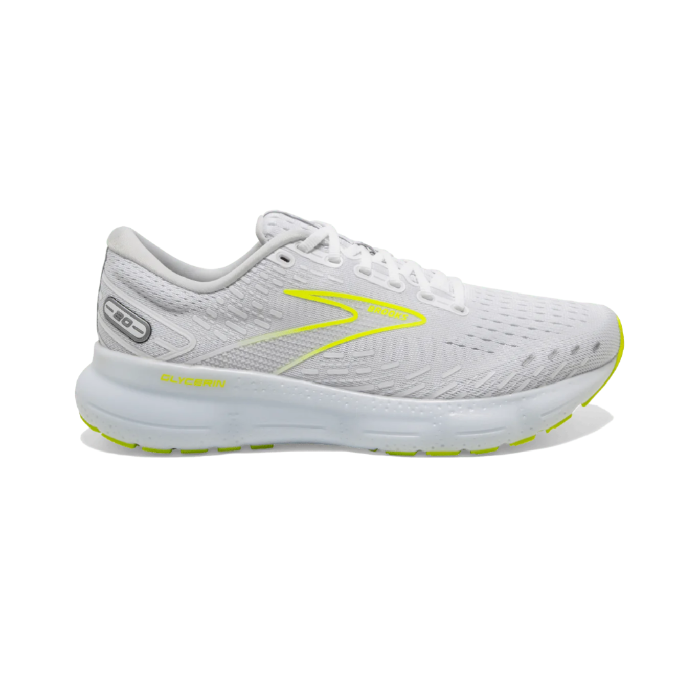 Brooks Glycerin 20 Men's Running Shoes - White/Nightlife Color (D Width) - Premium Cushioned Road Running Sneakers for Long Distance Training & Marathon