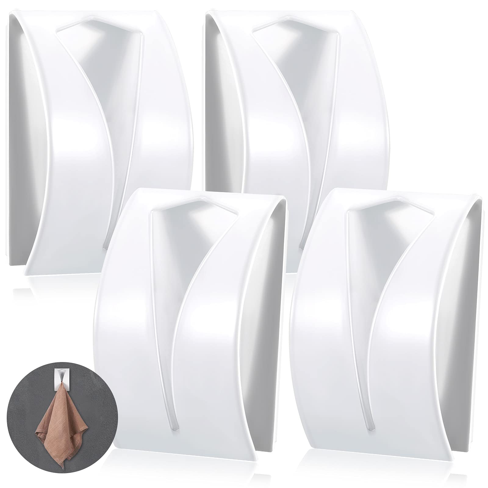 4 Pack Self Adhesive Stainless Steel Towel Hooks - No Drill Wall Mount Hangers for Kitchen, Bathroom & Laundry - Strong Hold for Towels, Robes & Utensils - Perfect Space Saving Solution for Home Organization (White)