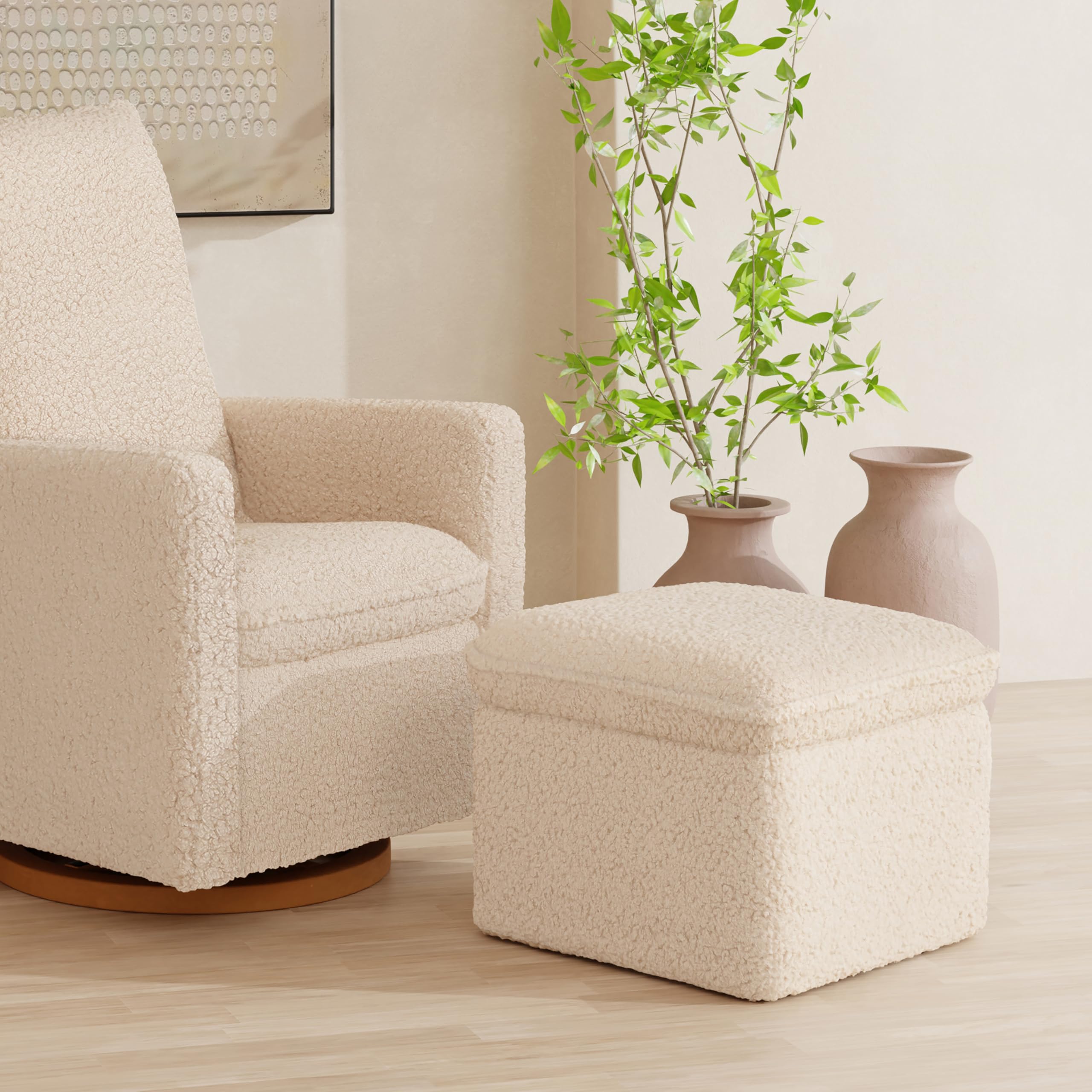 Babyletto Cali Storage Ottoman in Chai Shearling - Greenguard Gold Certified Nursery Furniture for Baby Room Organization & Playroom Seating