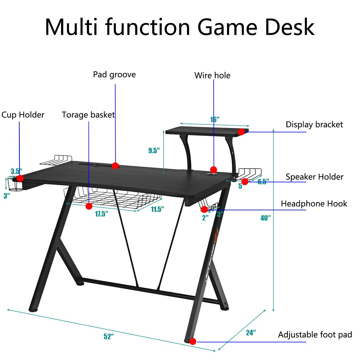 PowerStone 52 Inch Gaming Desk with Monitor Shelf, Storage Basket, Cup Holder & Headphone Hook - Ergonomic Racing Style Computer Desk for PC Gamers & Streamers - Perfect for Esports, Home Office & Gaming Setups