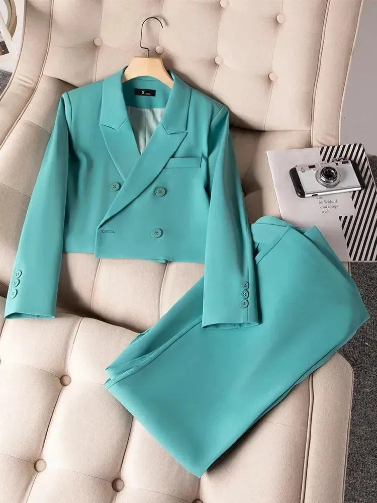 Women's Double Breasted Crop Blazer Pant Suit - Elegant Office Wear & Business Formal Attire for Professional Women