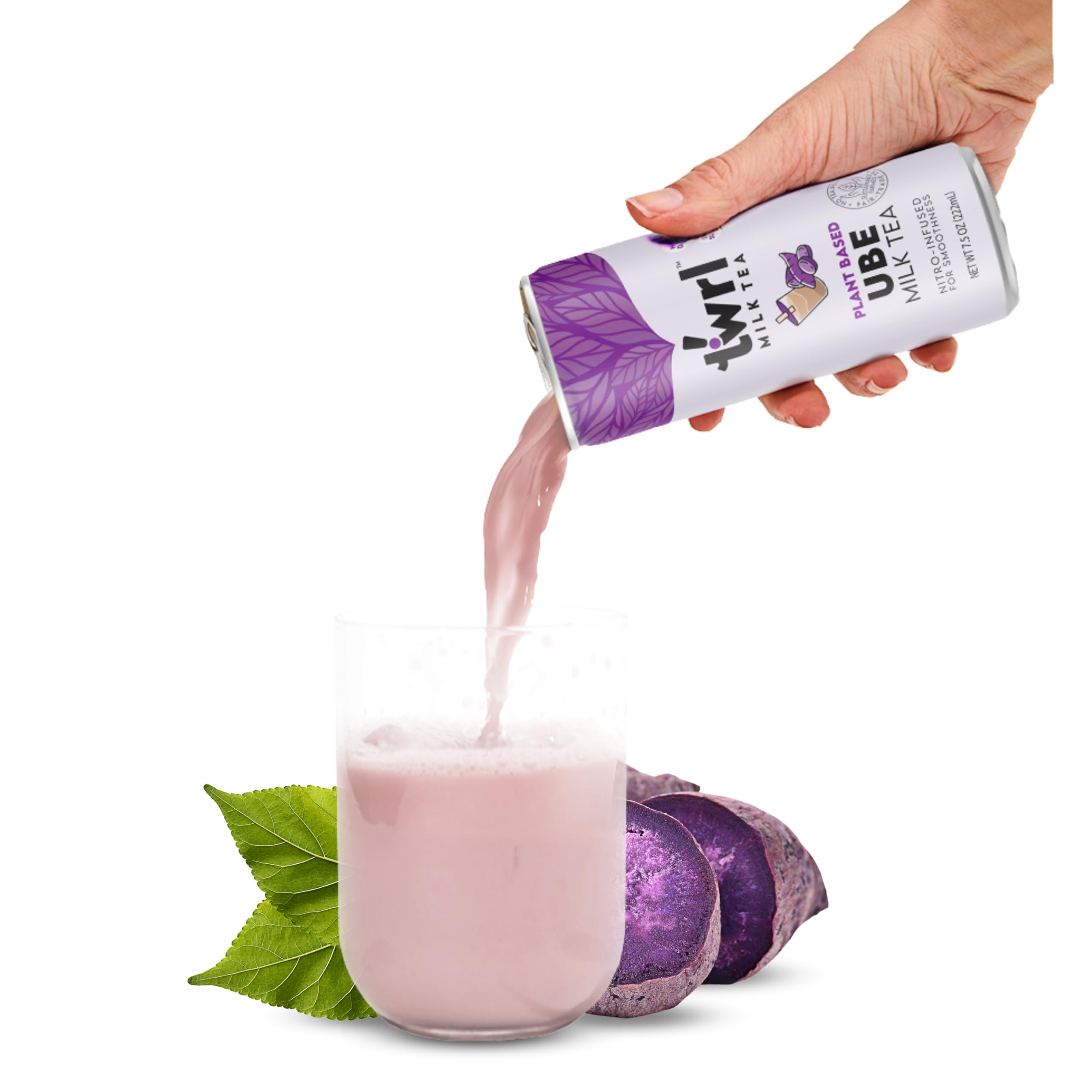 Twrl Ube Milk Tea - Organic Plant-Based Milk, Caffeine-Free, Low Sugar, Antioxidant-Rich Nitro-Infused Smooth Tea - 7.5oz (12 Pack) - Perfect for Vegan Snacking, Afternoon Relaxation & Healthy Beverage Alternatives