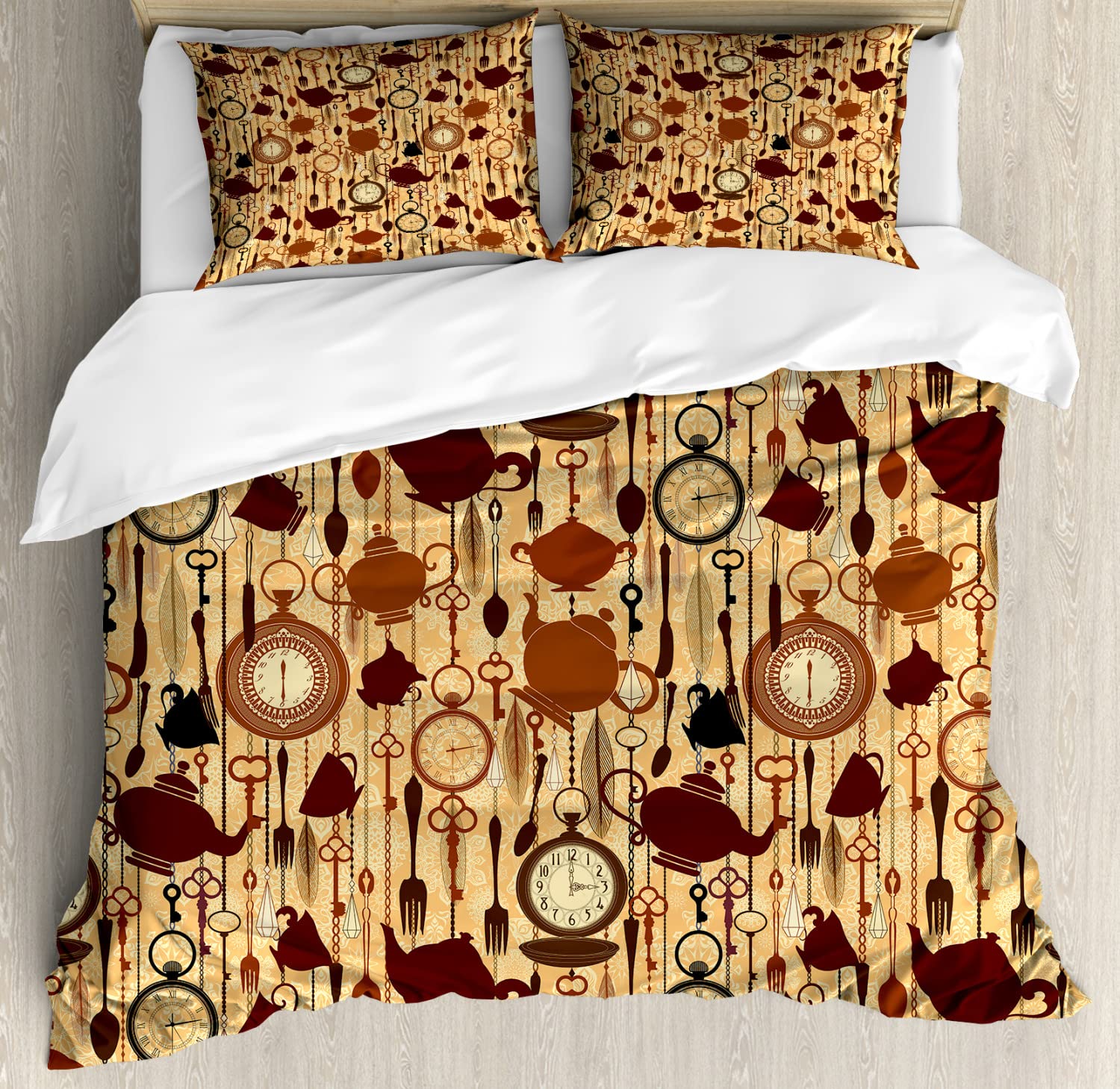 Ambesonne Victorian Style Tea Party Duvet Cover Set - 2 Pack Queen Size Brown Redwood Floral Print with 2 Duvet Covers & 4 Pillowcases | Elegant Breakfast Tea Time Bedding for Guest Room, Master Bedroom, and Cozy Home Decor
