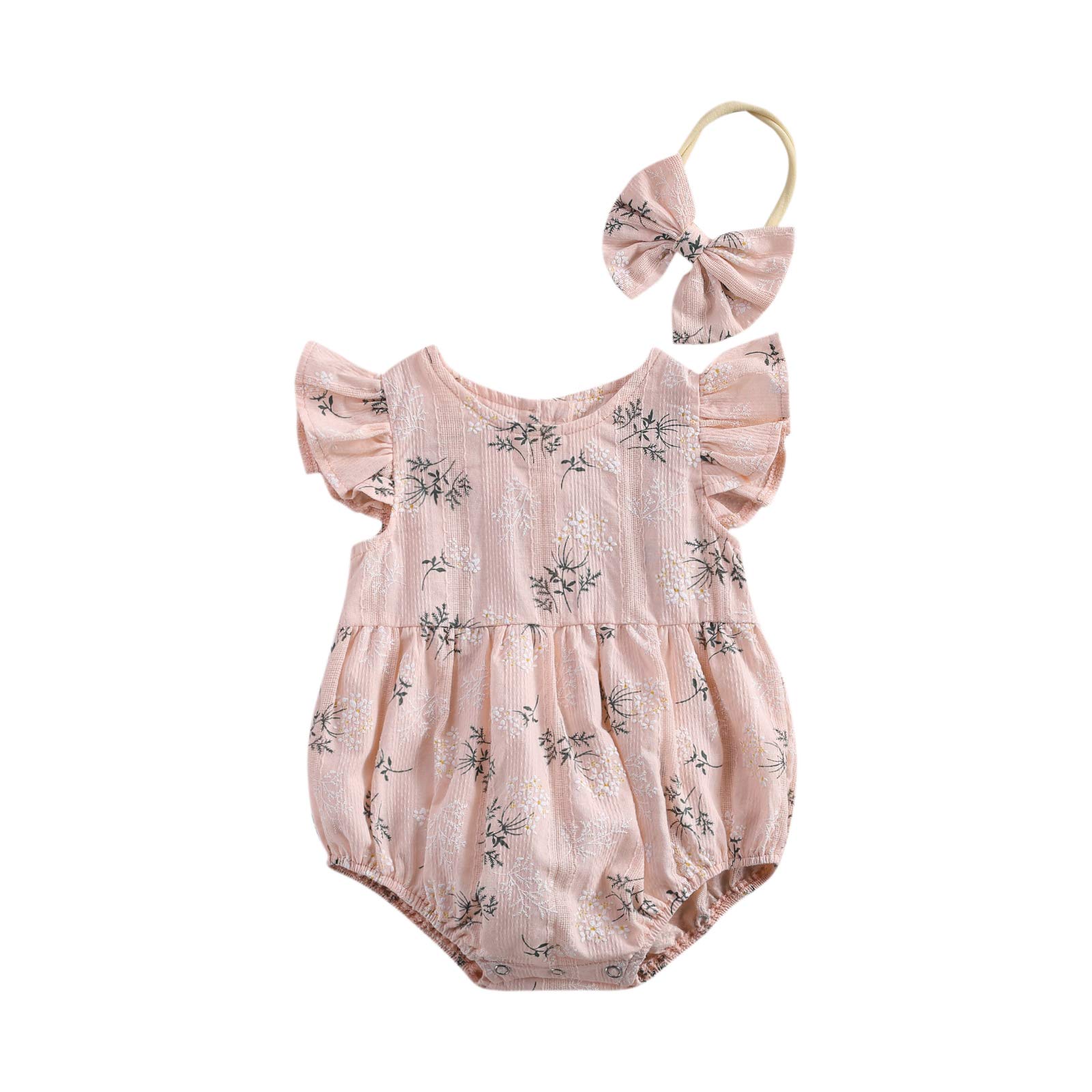 Floral Ruffle Sleeveless Jumpsuit for Newborn Baby Girls - Soft Cotton Romper with Matching Headband - Perfect for Summer Outfits, Photoshoots & Special Occasions