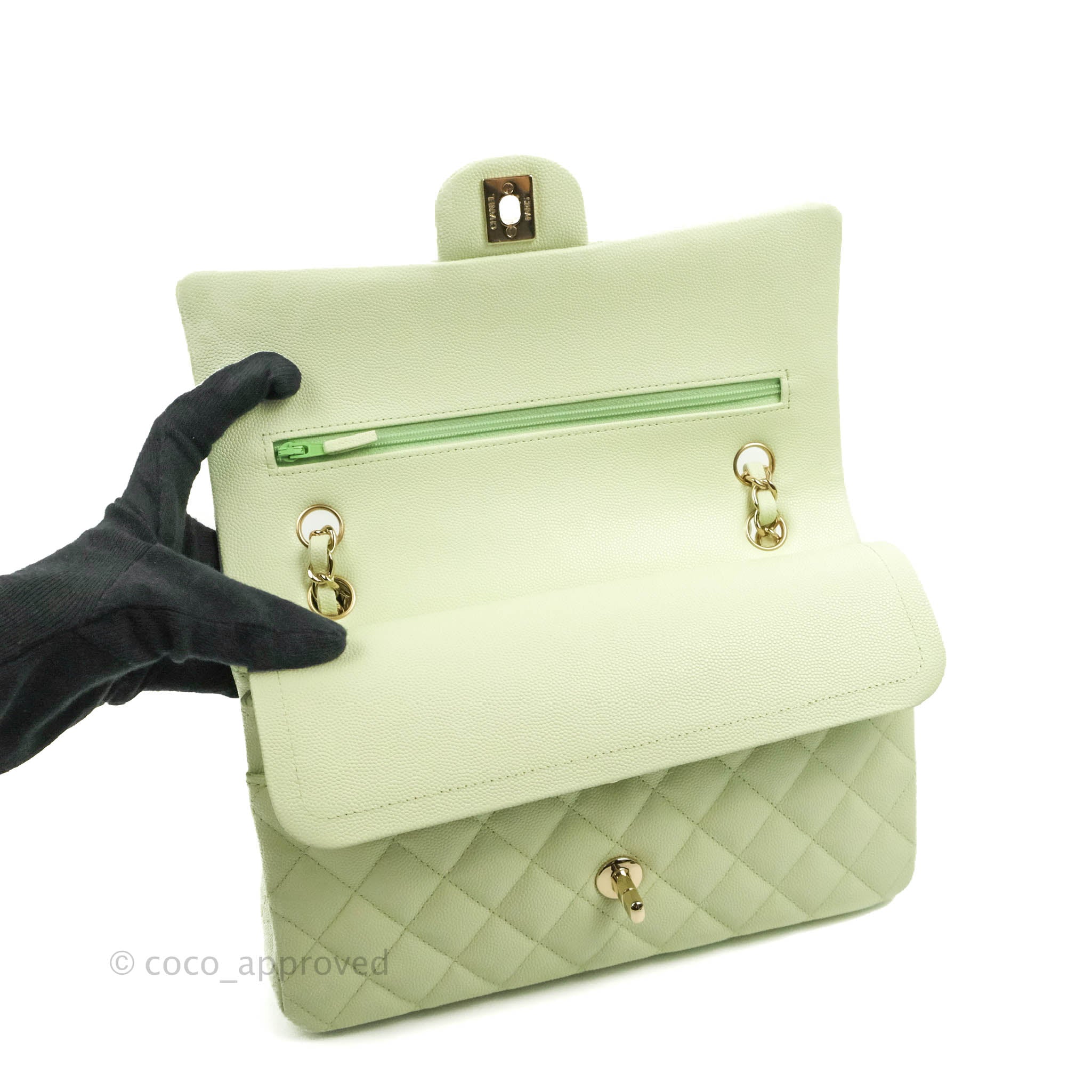 Chanel Classic M/L Medium Flap Bag in Quilted Avocado Green Caviar Leather with Gold Hardware - Luxury Handbag for Women, Perfect for Parties, Work & Everyday Use