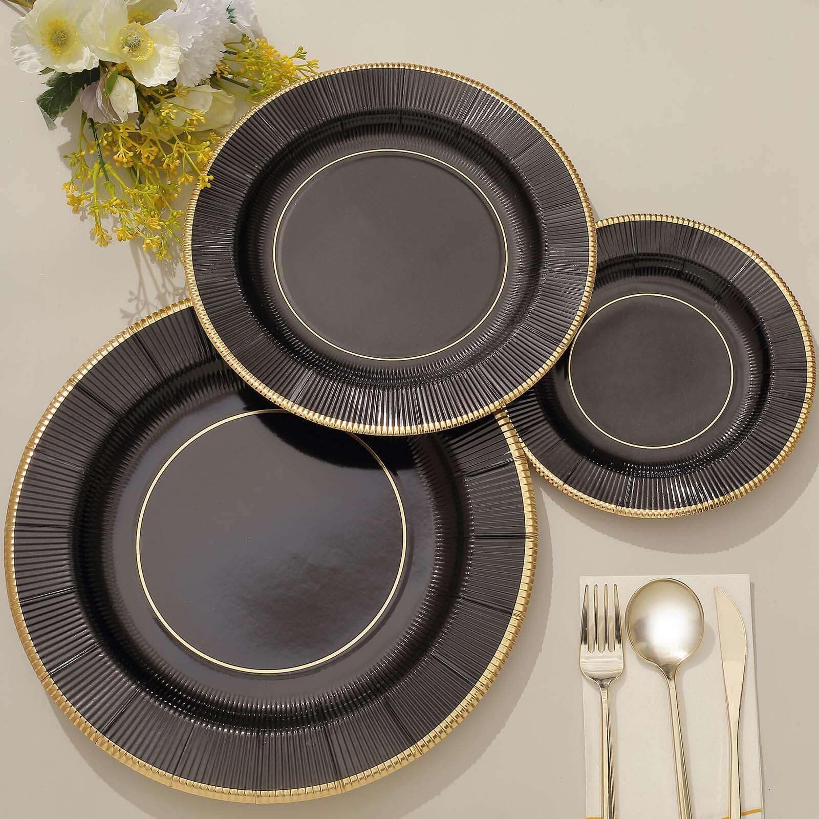 Efavormart 25 Pack Metallic Black Sunray 10 Inch Disposable Dinner Plates - Heavy Duty 350 GSM for Parties, Weddings, and Special Events