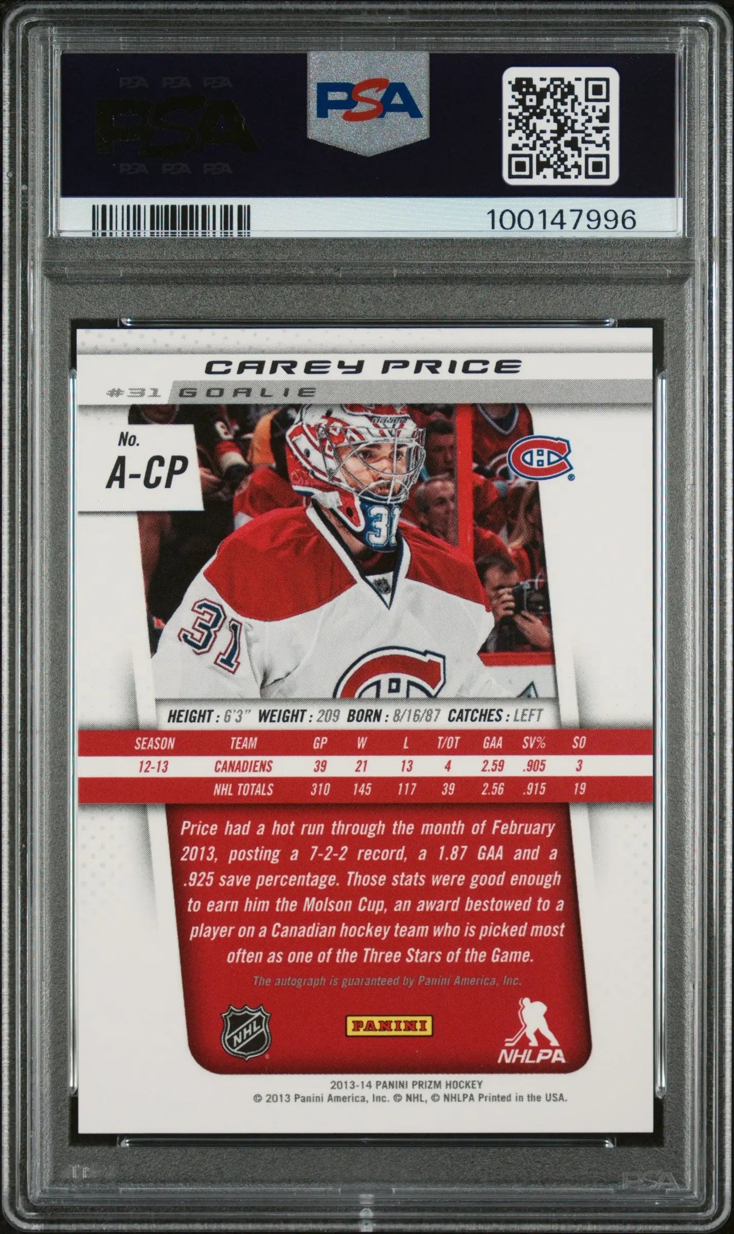 2013 Panini Prizm Carey Price Autograph #A CP PSA 10 Gem Mint Hockey Trading Card - Perfect for Collectors, Investors & Sports Memorabilia Displays