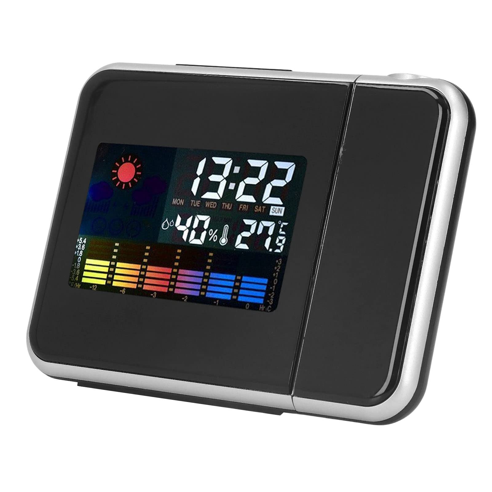 Wireless Weather Station Alarm Clock with Indoor/Outdoor Temperature & Humidity Monitor, LCD Color Display, LED Backlight, Snooze & Projection Function - Perfect for Bedroom, Office, Home Use (Black)