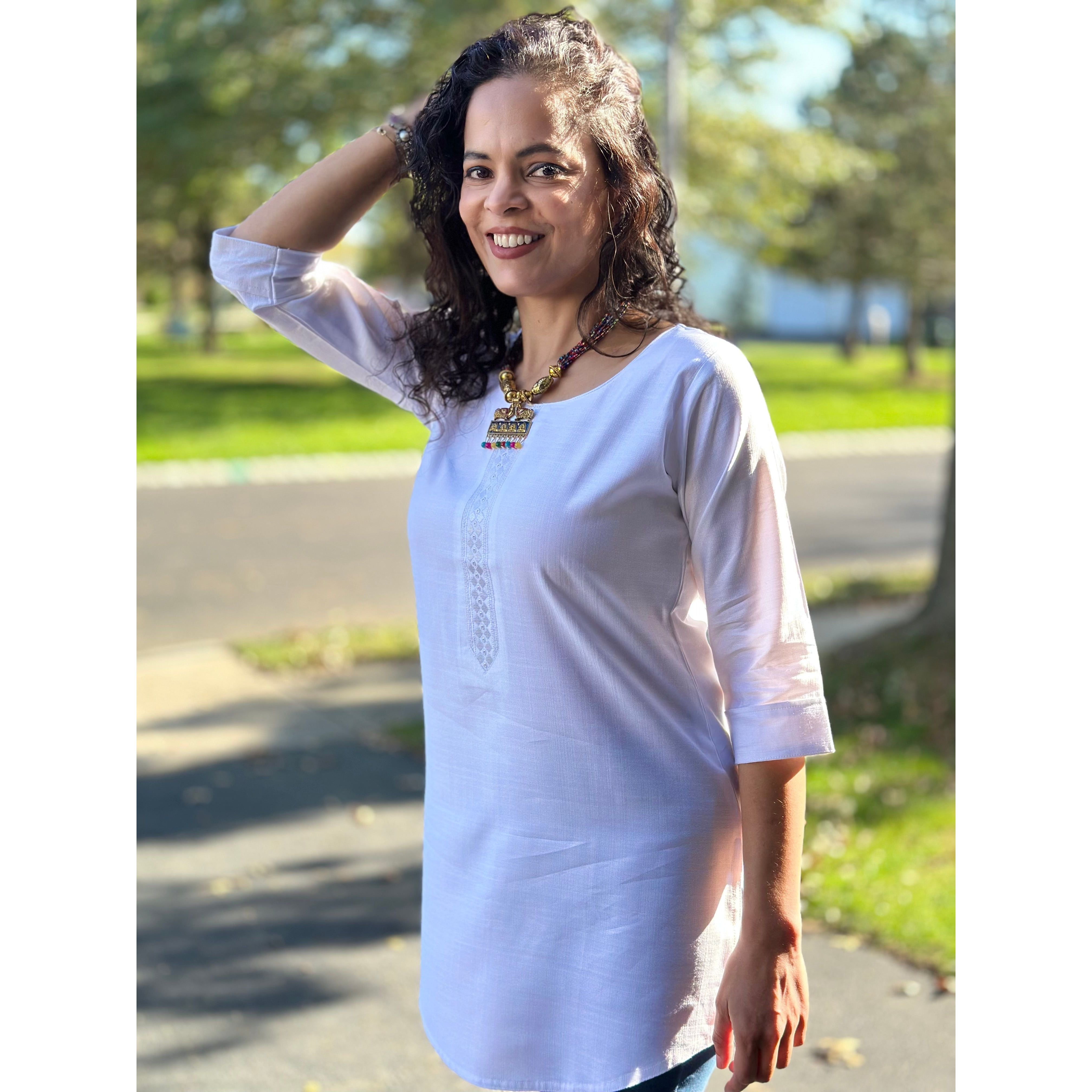 Elegant White Short Kurta for Women - Comfortable Cotton Summer Tunic Top - Perfect for Casual Wear, Festivals & Boho Outfits