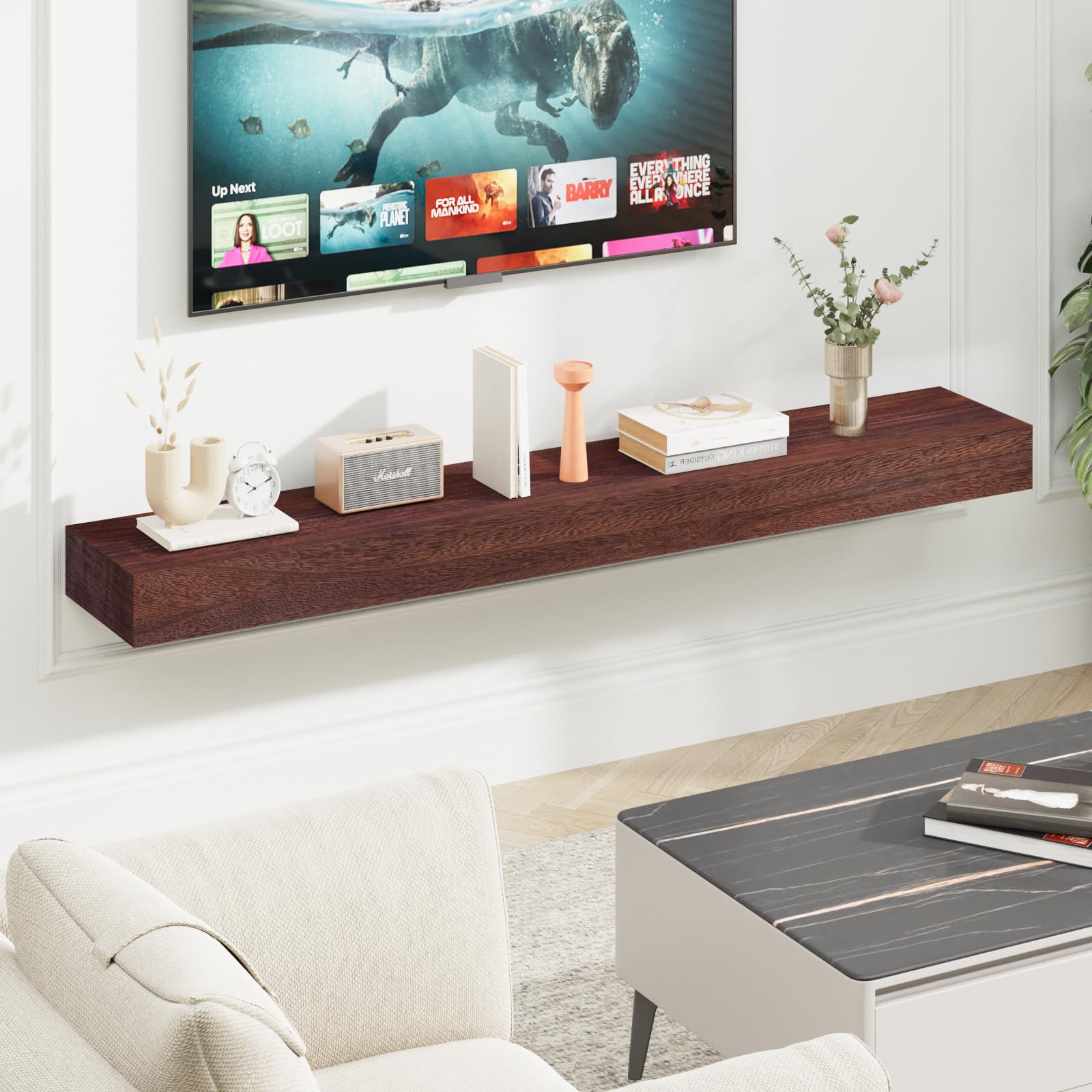 48 Inch Solid Wood Floating Shelf - SAUMONIERES Fireplace Mantel Shelf, Wall Mounted Hollow Shelf for Living Room, Bedroom & Office Decor (Brown)