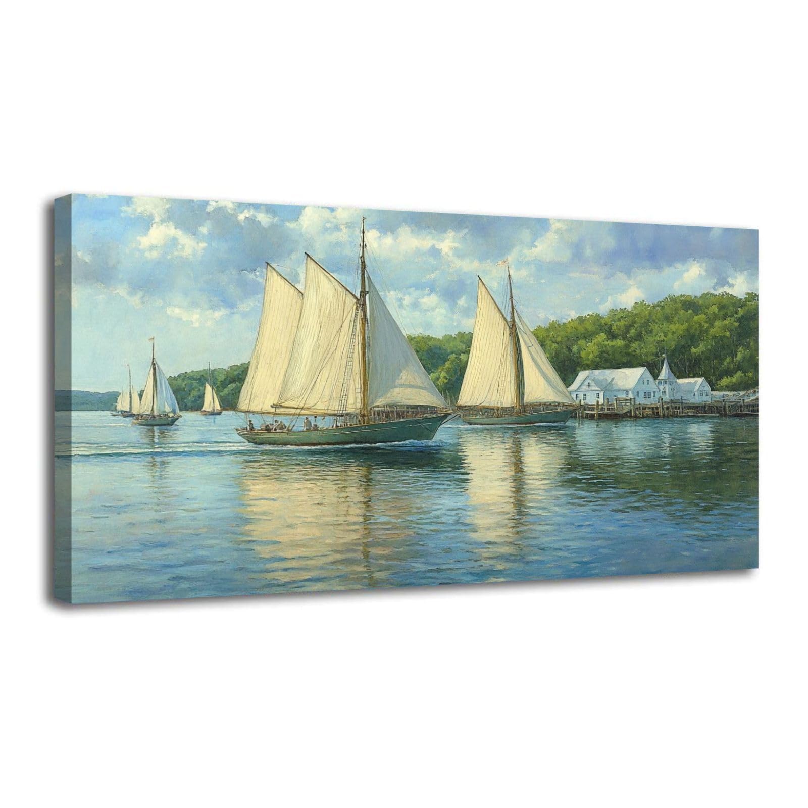 Framed Canvas Wall Art - Ocean Landscape Sailboat Abstract Painting 30