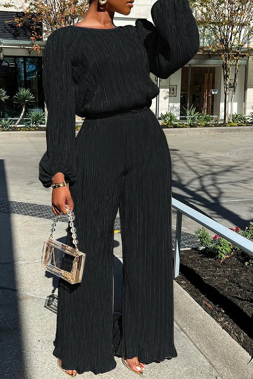 Women's High Elasticity Two Piece Set - Long Sleeve O-Neck Tops & Loose Wide Leg Pants | Comfortable Tracksuit for Casual Wear, Home Lounge & Yoga | Plus Size Friendly