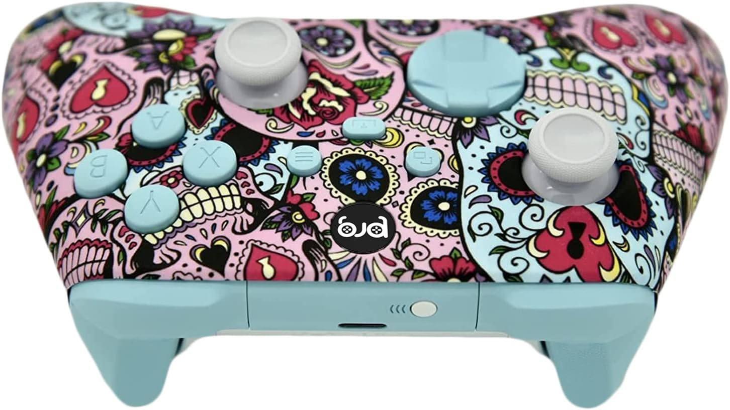 Custom Hand Airbrushed Fade Xbox Controller - Compatible with Xbox Series X/S & Xbox One (Sugar Skulls Design with Baby Blue Inserts) | Perfect for Gaming Enthusiasts & Collectors, Great Gift for Holidays & Special Occasions