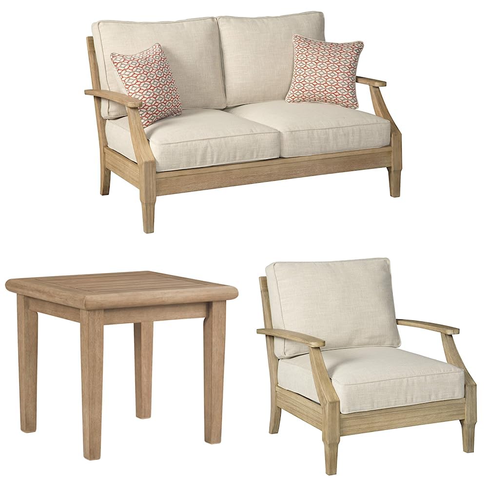 Signature Design by Ashley Clare View Eucalyptus Loveseat & Gerianne Outdoor Square End Table Set with Cushioned Lounge Chair - Beige Patio Furniture for Garden, Poolside & Backyard Relaxation
