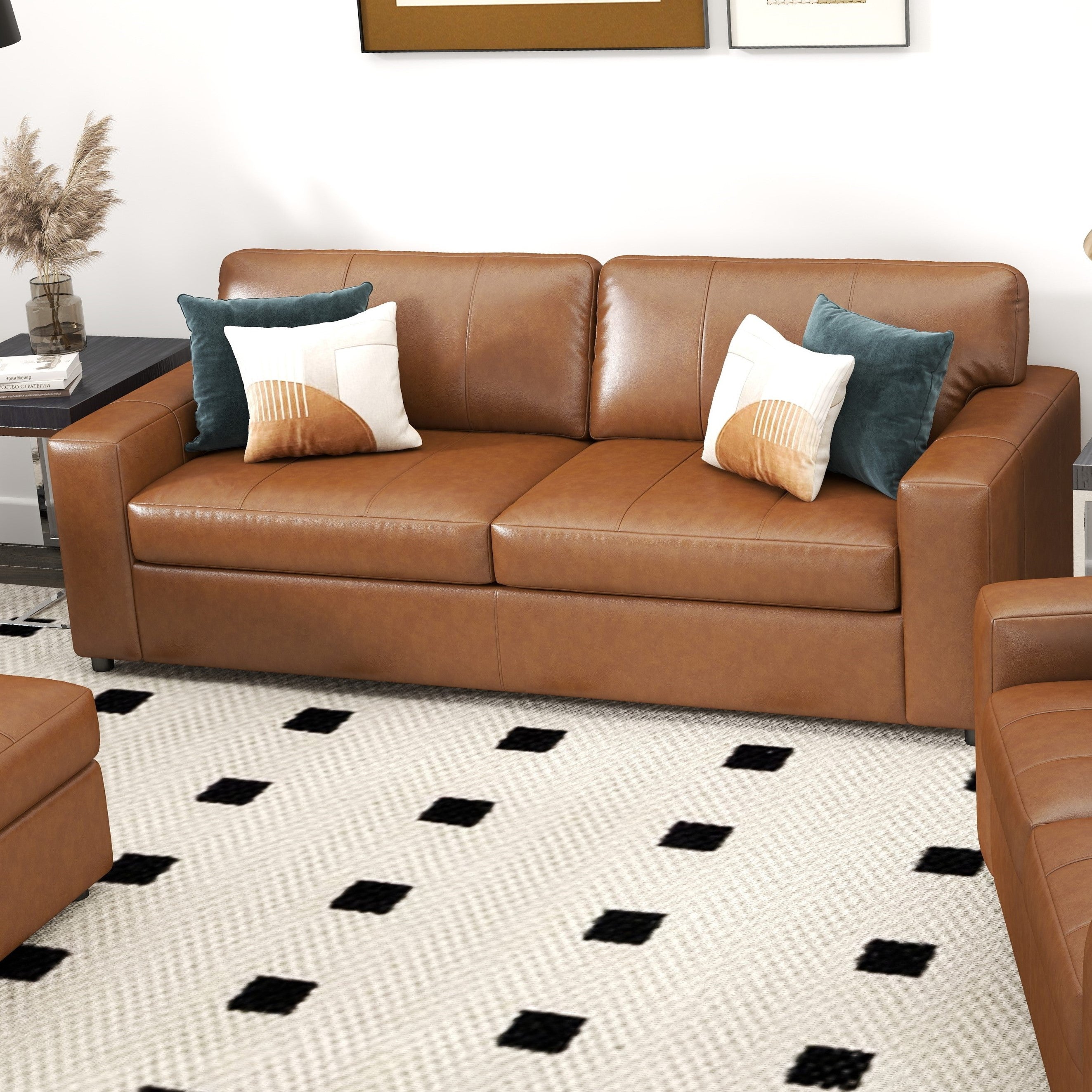 Roundhill Furniture Sakan Genuine Leather Upholstered Sofa - Modern Living Room Couch for Home, Office & Lounge Comfort