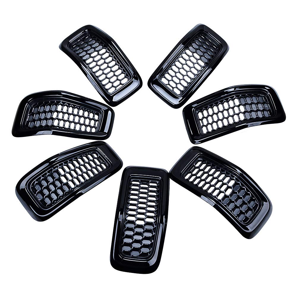 2014-2018 Jeep Cherokee Honeycomb Grill Inserts - 7pc Black Mesh Grille with Gloss Black Molding Trim | Front Bumper Upgrade for Off-Road & Street Style Enhancement