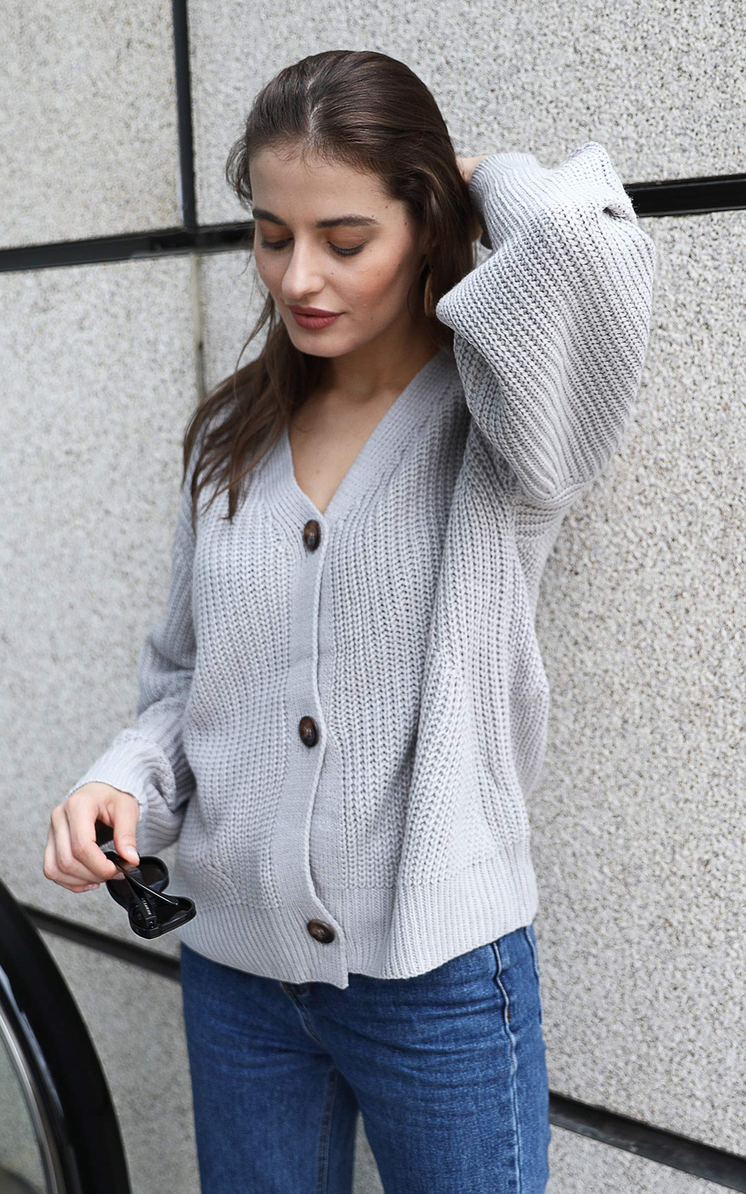 Angashion Women's V-Neck Button Down Long Sleeve Cable Knit Cardigan Sweater - Cozy Fall Winter Outerwear for Office, Date Night & Casual Outfits