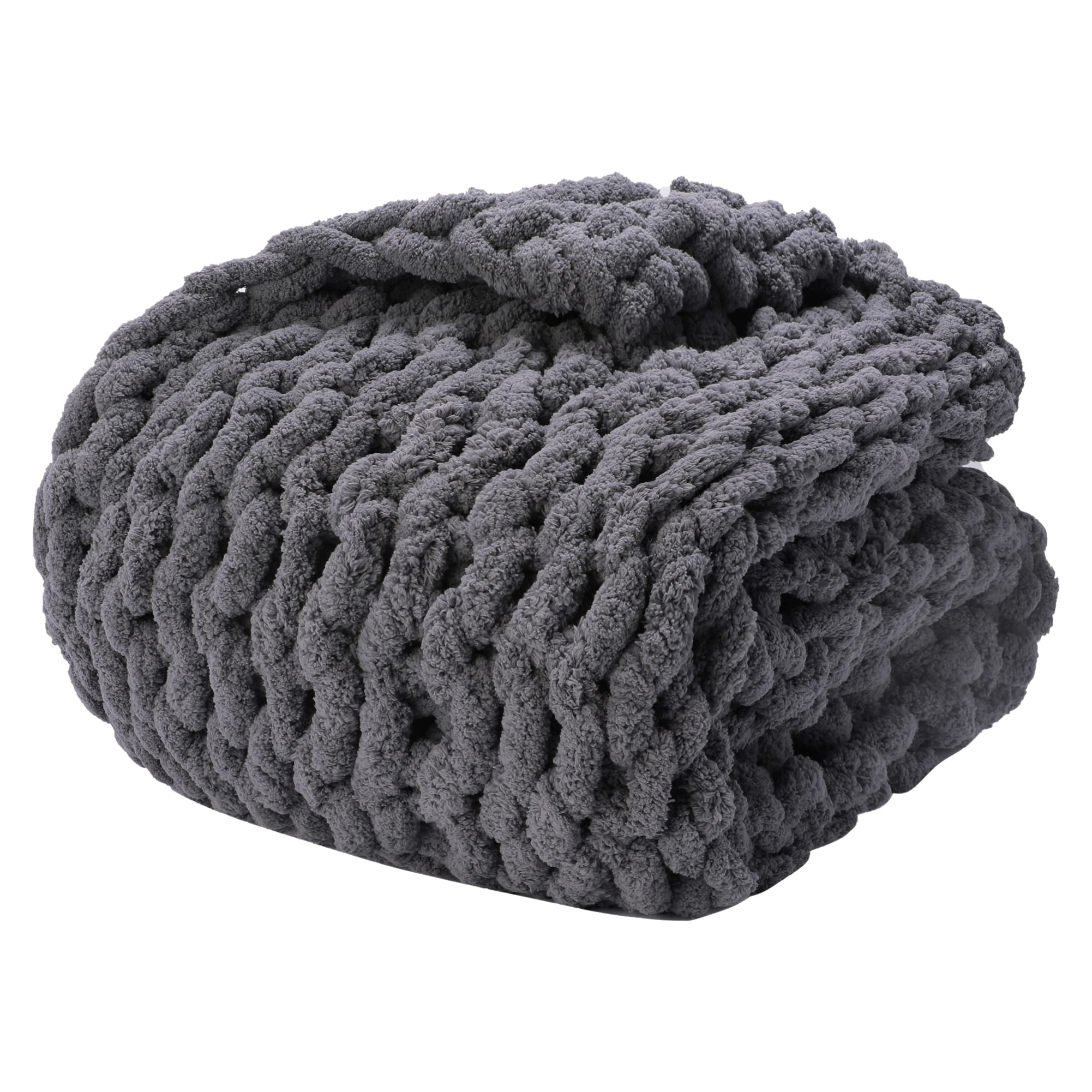 Alzoear Chunky Knit Throw Blanket - Chenille Handmade Cozy Warm Blanket for Sofa, Bed & Home Decor (Dark Grey, 60x80 Inches) - Perfect for Winter Nights, Couch Lounging & Gift Giving