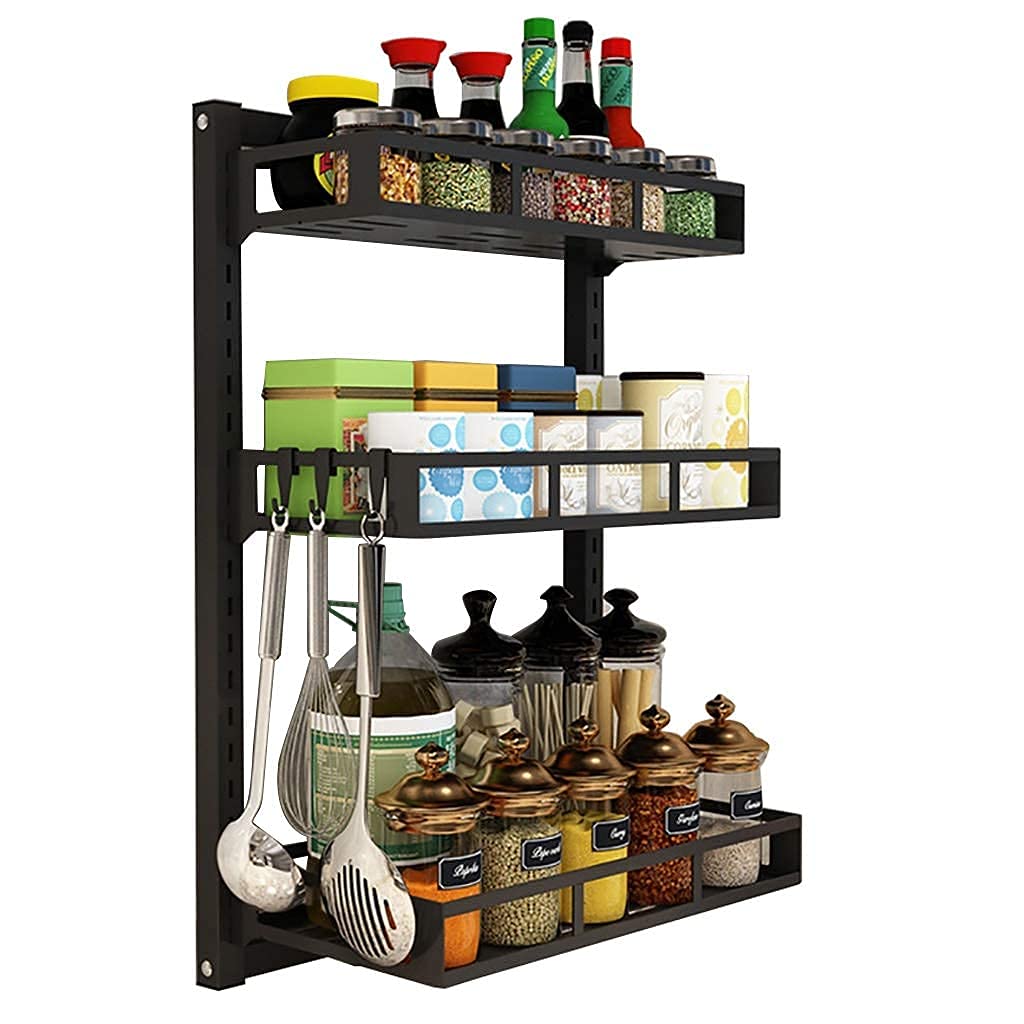 3-Tier Stainless Steel Spice Rack Organizer - Wall Mounted Adjustable Kitchen Storage Shelf for Spice Jars, Bottles, Utensils & Knives with Hooks - Space Saving Black Spice Holder (with Side Holder) - Perfect for Small Kitchens, Pantry Organization & Cooking Essentials Storage