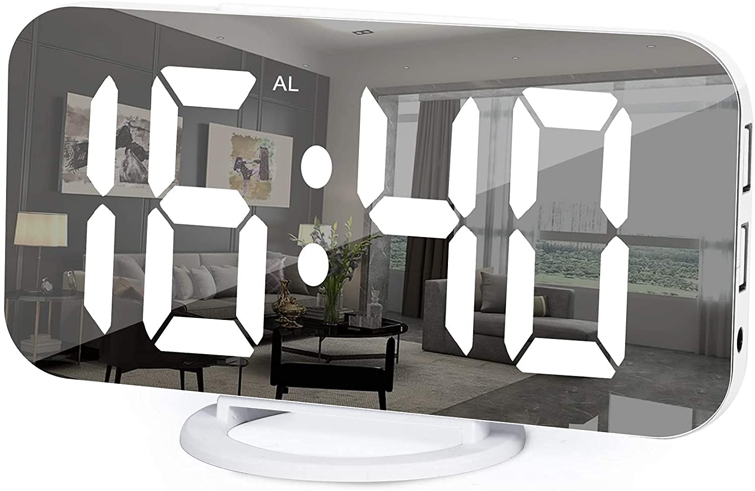 6'' Large Mirror Surface LED Digital Alarm Clock with Dual USB Charger Ports, Auto/Custom Brightness & Easy Snooze - Perfect for Bedroom Nightstand, Office Desk, or Travel (Black/White Options)