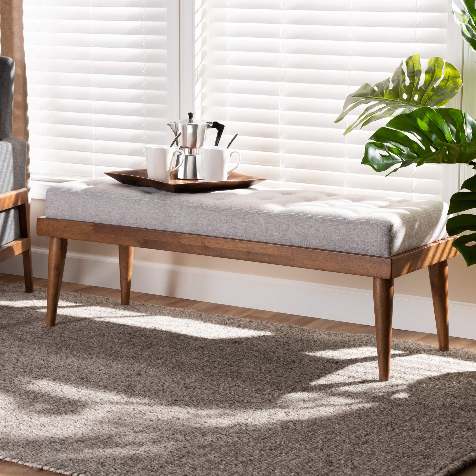 Baxton Studio Modern Wooden Bench with Walnut Finish - Stylish Grayish Beige Upholstered Seat - Perfect for Entryway, Bedroom or Living Room Furniture