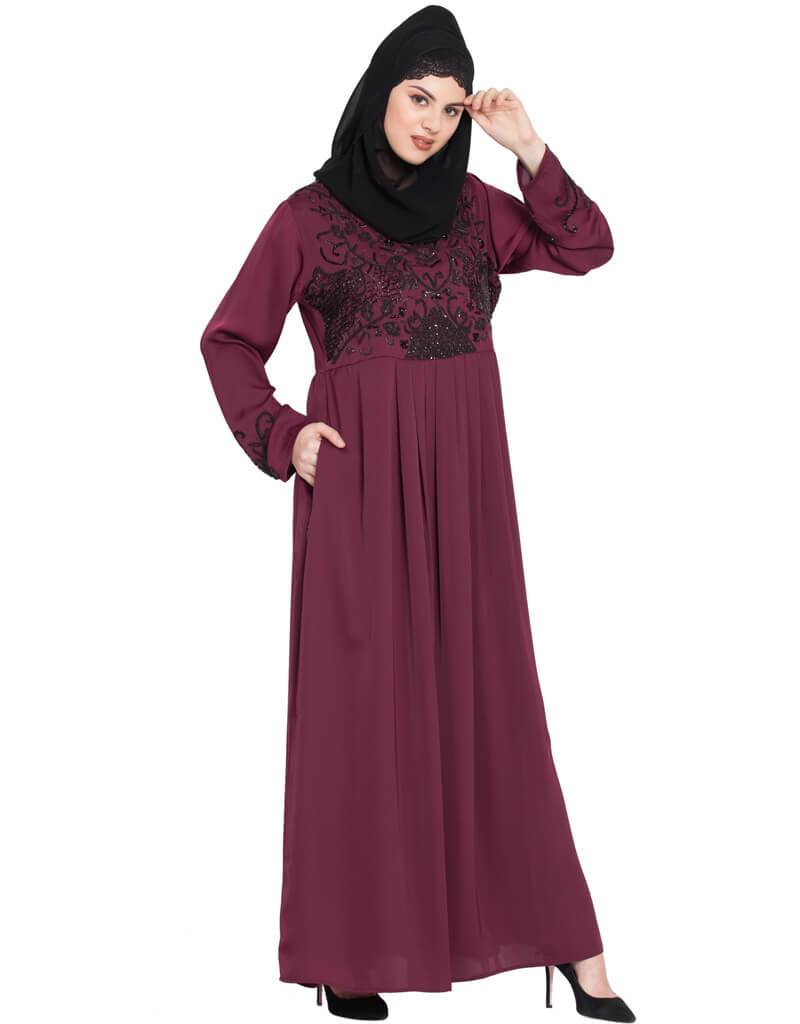 Elegant Arabic Hand Embroidered Abaya Dress for Wine Parties - Perfect for Evening Events, Weddings & Special Occasions