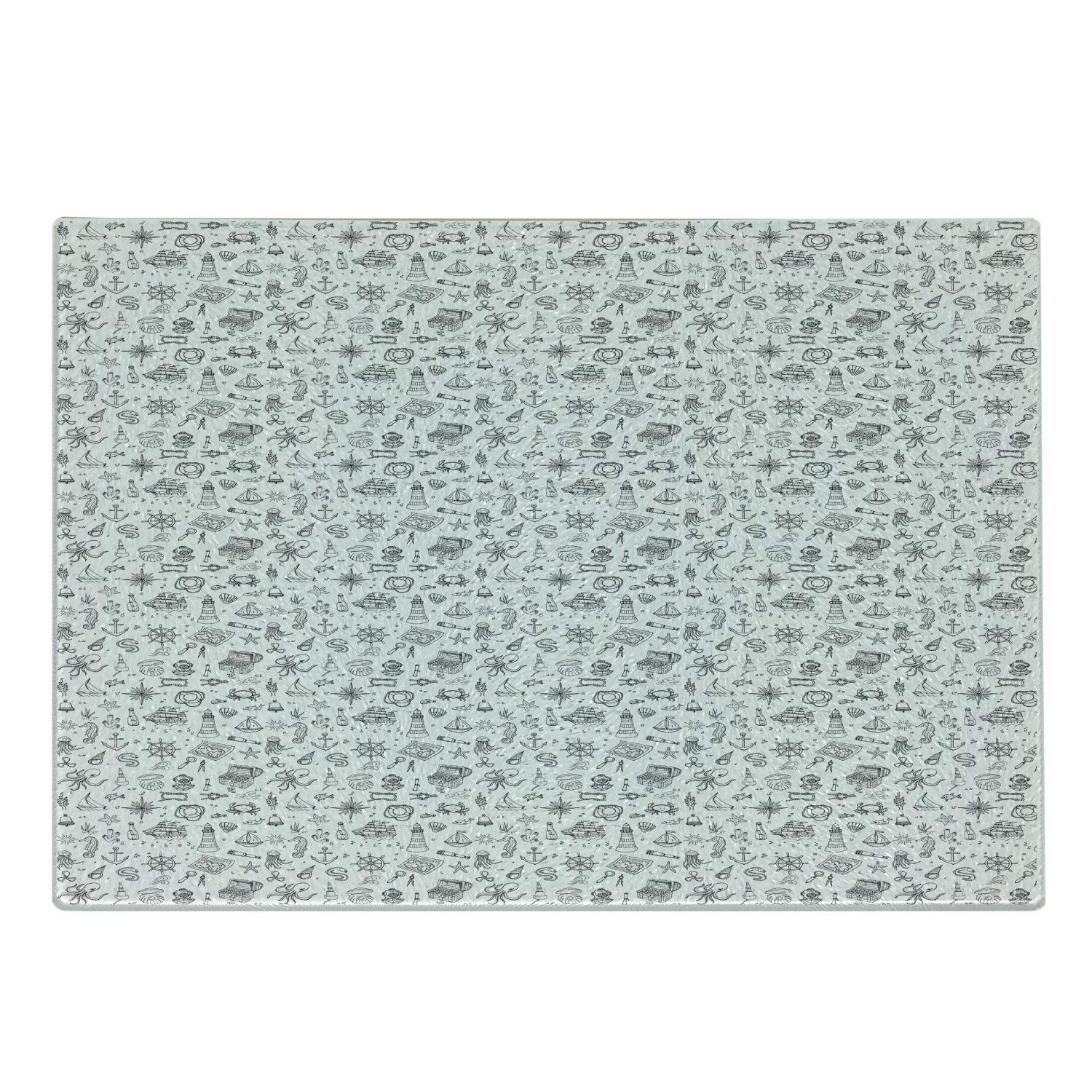 Ambesonne Octopus Ship Themed Tempered Glass Cutting Board - Nautical Doodle Boat Sea Anchor Design, Charcoal Grey & White - Perfect for Serving Appetizers, Cheese & Charcuterie at Beach Themed Parties & Ocean Inspired Kitchens