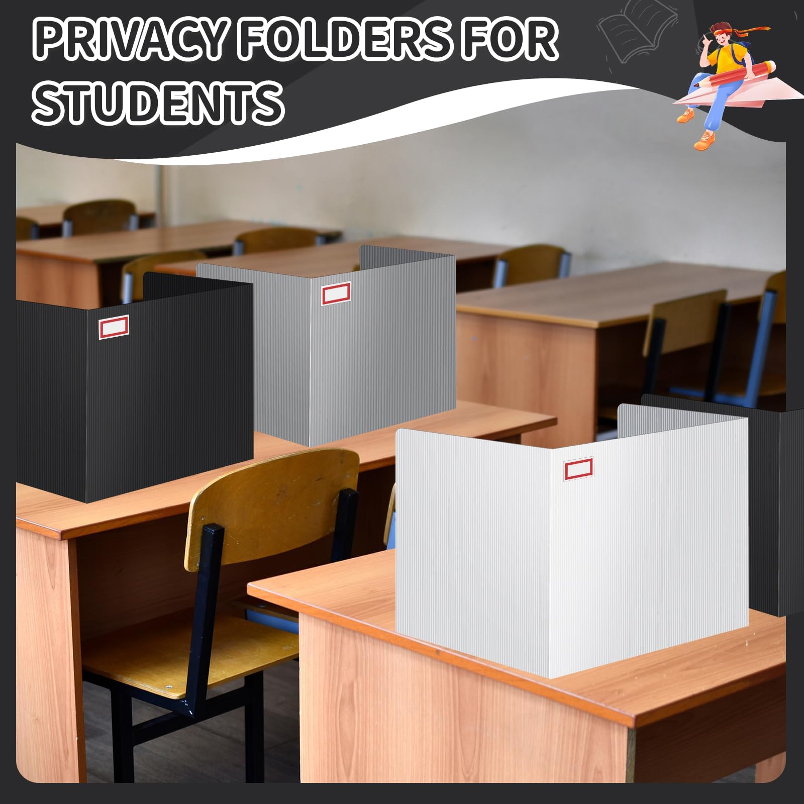 12 Pack Plastic Desk Dividers for Students - Black, White & Gray Privacy Folders, Classroom Test Dividers & Trifold Privacy Boards - Perfect for School Supplies, Study Sessions & Exam Privacy